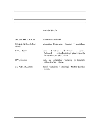 BIBLIOGRAFÍA



COLECCIÓN SCHAUM      Matemática Financiera.

GONZALEZ GALE, José   Matemática Financieras.     Intereses y anualidades
ciertas.

D.W.A. Donal          Compound Interest And Annuities . Certain.
                       Published      for the Institute of actuaries and the
                       Faculty of Actuaries – London.

LEVI, Eugenio         Corso de Matemática Financiera en tatuariale.
                       Milano Giuffre – editore.

GIL PELAEZ, Lorenzo   Tablas Financieras y actuariales. Madrid, Editorial
                       Dossat.
 