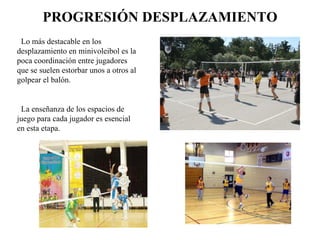 PROGRESIÓN DESPLAZAMIENTO Lo más destacable en los desplazamiento en minivoleibol es la poca coordinación entre jugadores que se suelen estorbar unos a otros al golpear el balón. La enseñanza de los espacios de juego para cada jugador es esencial en esta etapa. 