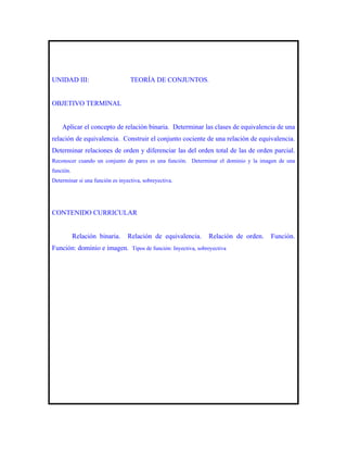 UNIDAD III:                       TEORÍA DE CONJUNTOS.


OBJETIVO TERMINAL


    Aplicar el concepto de relación binaria. Determinar las clases de equivalencia de una
relación de equivalencia. Construir el conjunto cociente de una relación de equivalencia.
Determinar relaciones de orden y diferenciar las del orden total de las de orden parcial.
Reconocer cuando un conjunto de pares es una función. Determinar el dominio y la imagen de una
función.
Determinar si una función es inyectiva, sobreyectiva.




CONTENIDO CURRICULAR


           Relación binaria.     Relación de equivalencia.   Relación de orden.     Función.
Función: dominio e imagen. Tipos de función: Inyectiva, sobreyectiva
 