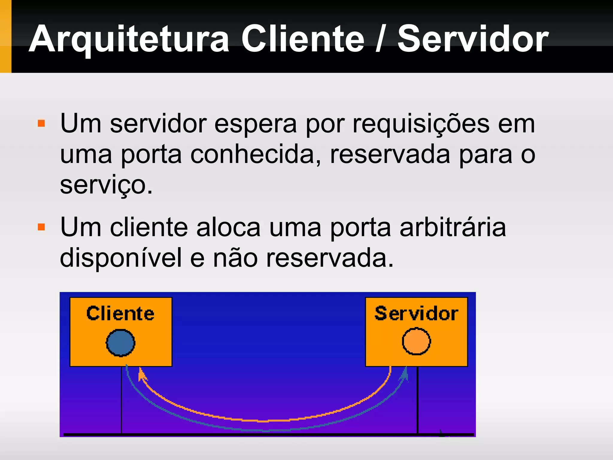 Arquitetura Cliente / Servidor
 Um servidor espera por requisições em
uma porta conhecida, reservada para o
serviço.
 Um cliente aloca uma porta arbitrária
disponível e não reservada.
 