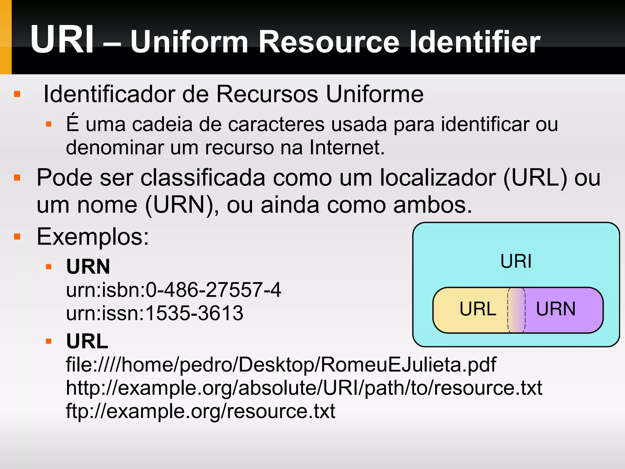 URI – Uniform Resource Identifier
 Identificador de Recursos Uniforme
 É uma cadeia de caracteres usada para identificar ou
denominar um recurso na Internet.
 Pode ser classificada como um localizador (URL) ou
um nome (URN), ou ainda como ambos.
 Exemplos:
 URN
urn:isbn:0-486-27557-4
urn:issn:1535-3613
 URL
file:////home/pedro/Desktop/RomeuEJulieta.pdf
http://example.org/absolute/URI/path/to/resource.txt
ftp://example.org/resource.txt
 