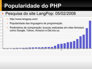 Popularidade do PHP
 Pesquisa do site LangPop: 05/02/2008
 http://www.langpop.com/
 Popularidade das linguagens de prog...