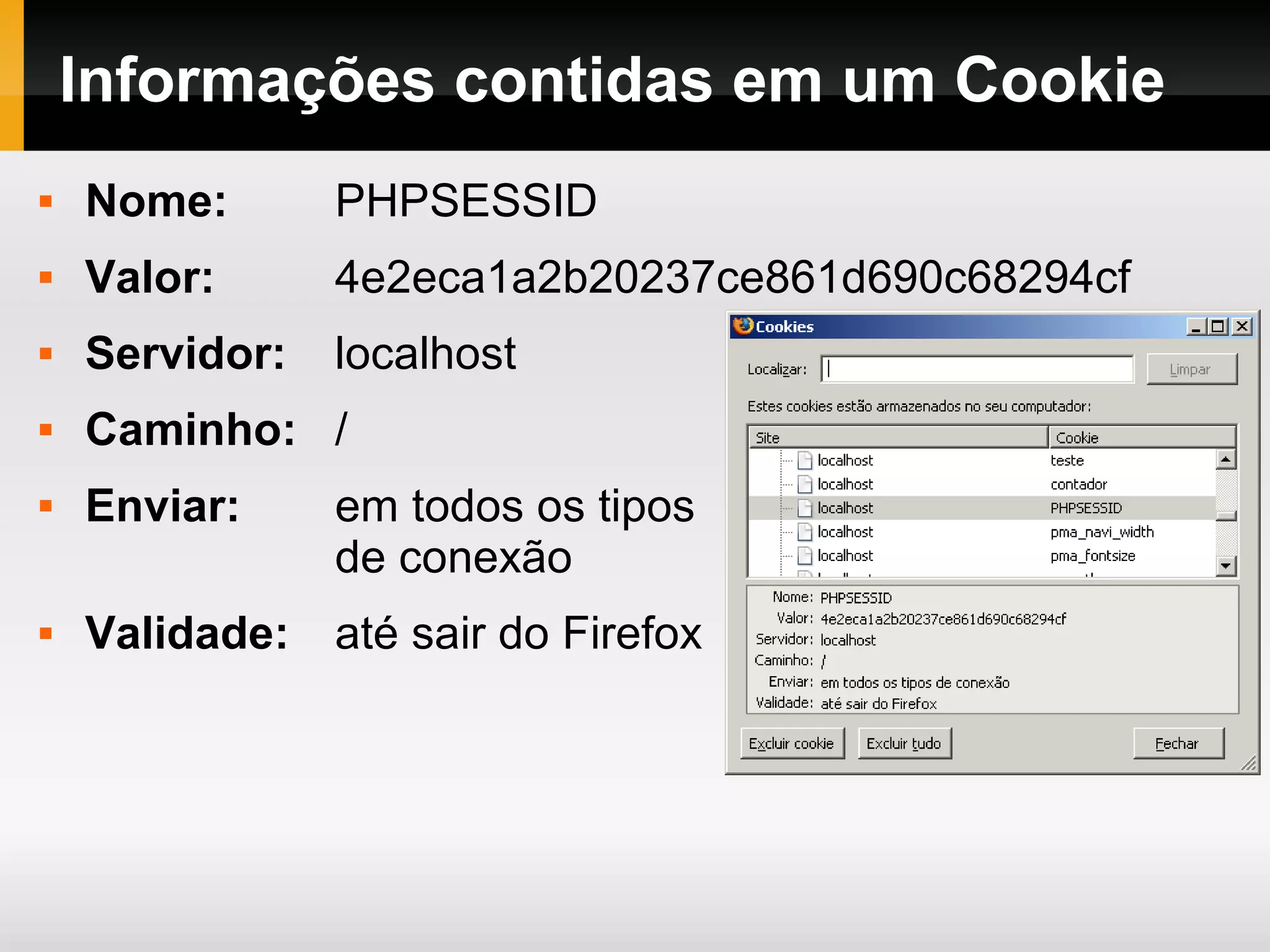 Informações contidas em um Cookie
 Nome: PHPSESSID
 Valor: 4e2eca1a2b20237ce861d690c68294cf
 Servidor: localhost
 Caminho: /
 Enviar: em todos os tipos
de conexão
 Validade: até sair do Firefox
 