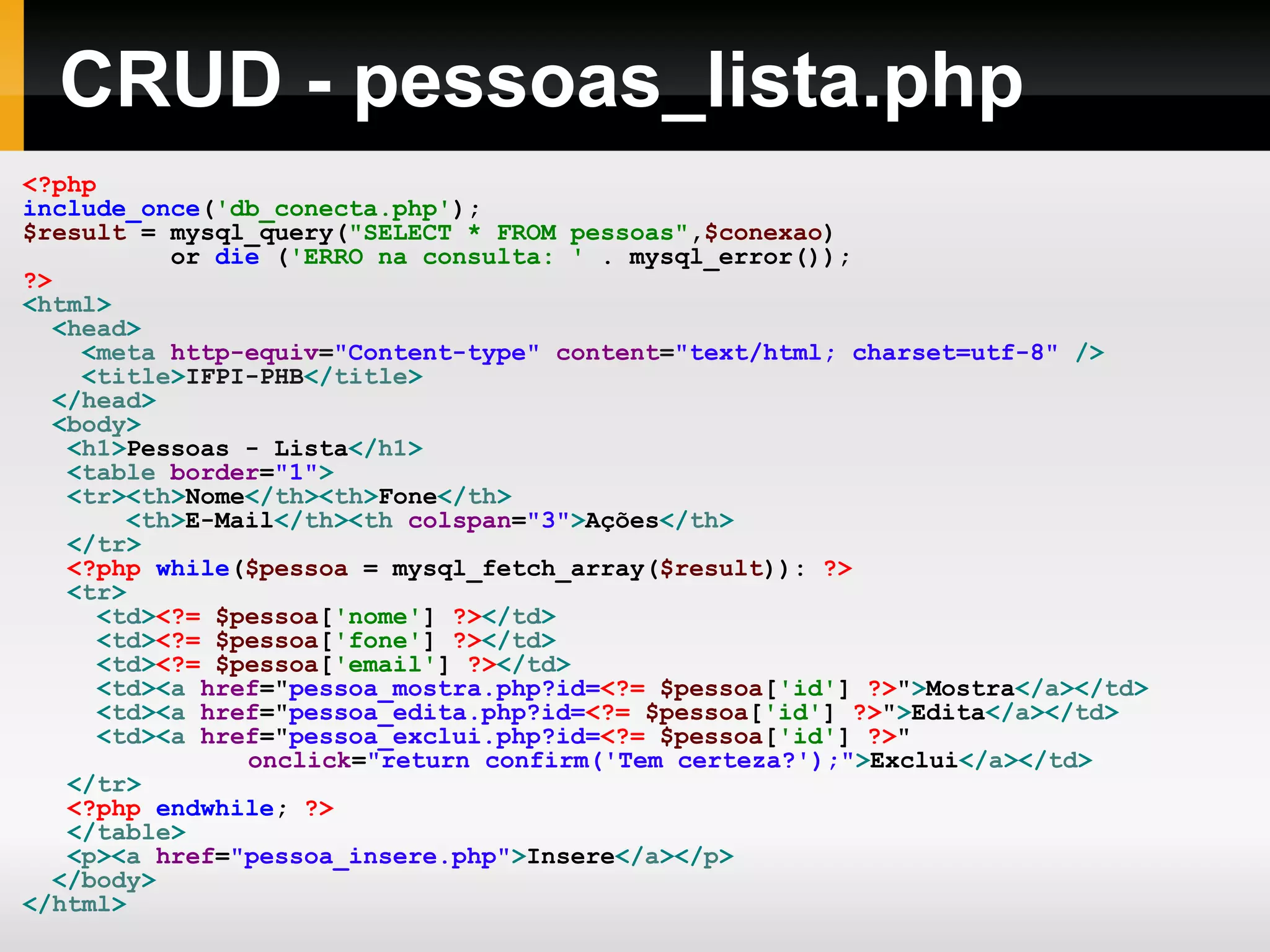 CRUD - pessoas_lista.php
<?php
include_once('db_conecta.php');
$result = mysql_query("SELECT * FROM pessoas",$conexao)
or die ('ERRO na consulta: ' . mysql_error());
?>
<html>
<head>
<meta http-equiv="Content-type" content="text/html; charset=utf-8" />
<title>IFPI-PHB</title>
</head>
<body>
<h1>Pessoas - Lista</h1>
<table border="1">
<tr><th>Nome</th><th>Fone</th>
<th>E-Mail</th><th colspan="3">Ações</th>
</tr>
<?php while($pessoa = mysql_fetch_array($result)): ?>
<tr>
<td><?= $pessoa['nome'] ?></td>
<td><?= $pessoa['fone'] ?></td>
<td><?= $pessoa['email'] ?></td>
<td><a href="pessoa_mostra.php?id=<?= $pessoa['id'] ?>">Mostra</a></td>
<td><a href="pessoa_edita.php?id=<?= $pessoa['id'] ?>">Edita</a></td>
<td><a href="pessoa_exclui.php?id=<?= $pessoa['id'] ?>"
onclick="return confirm('Tem certeza?');">Exclui</a></td>
</tr>
<?php endwhile; ?>
</table>
<p><a href="pessoa_insere.php">Insere</a></p>
</body>
</html>
 