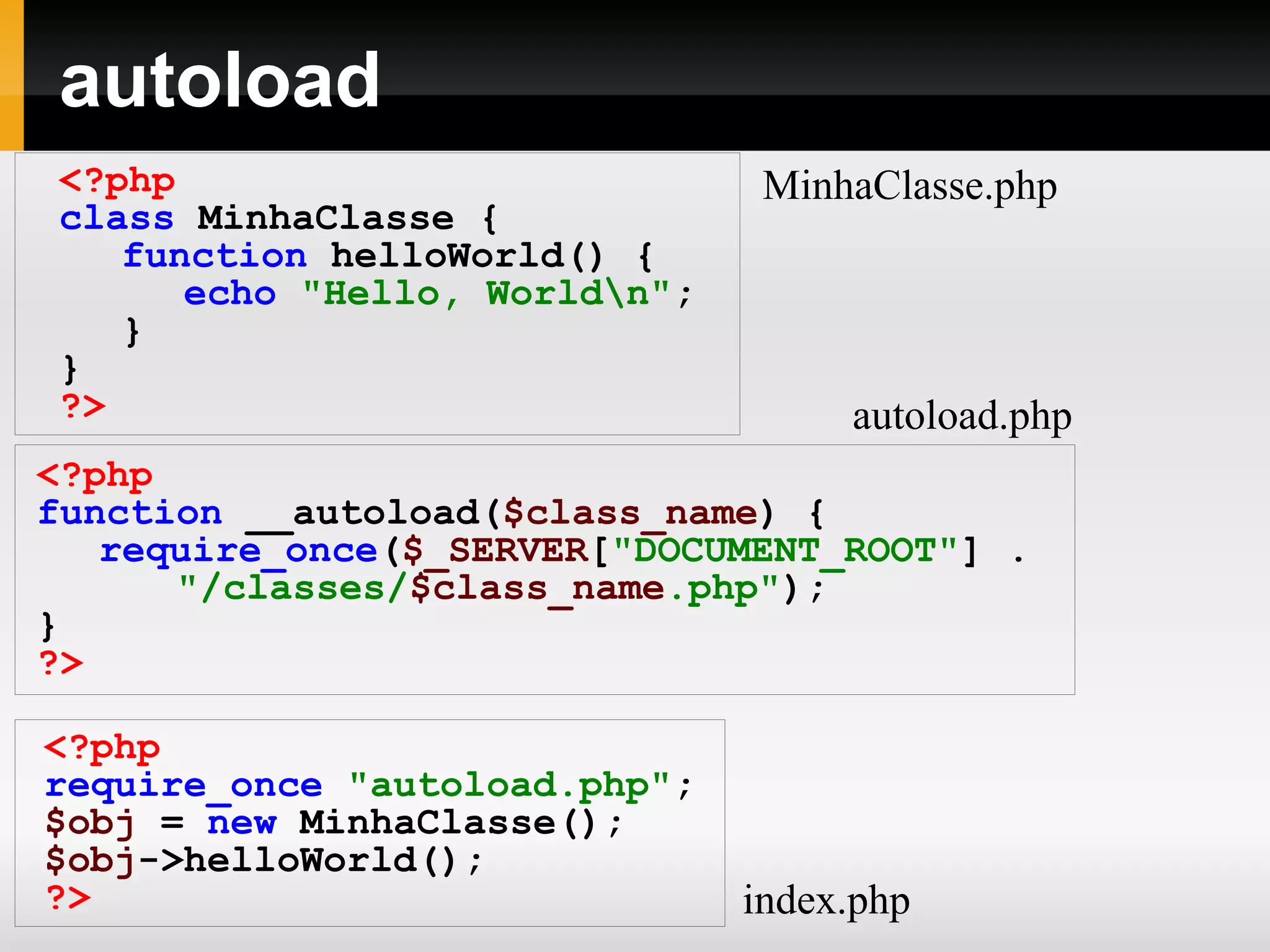 autoload
<?php
class MinhaClasse {
function helloWorld() {
echo "Hello, Worldn";
}
}
?>
<?php
function __autoload($class_name) {
require_once($_SERVER["DOCUMENT_ROOT"] .
"/classes/$class_name.php");
}
?>
<?php
require_once "autoload.php";
$obj = new MinhaClasse();
$obj->helloWorld();
?> index.php
autoload.php
MinhaClasse.php
 