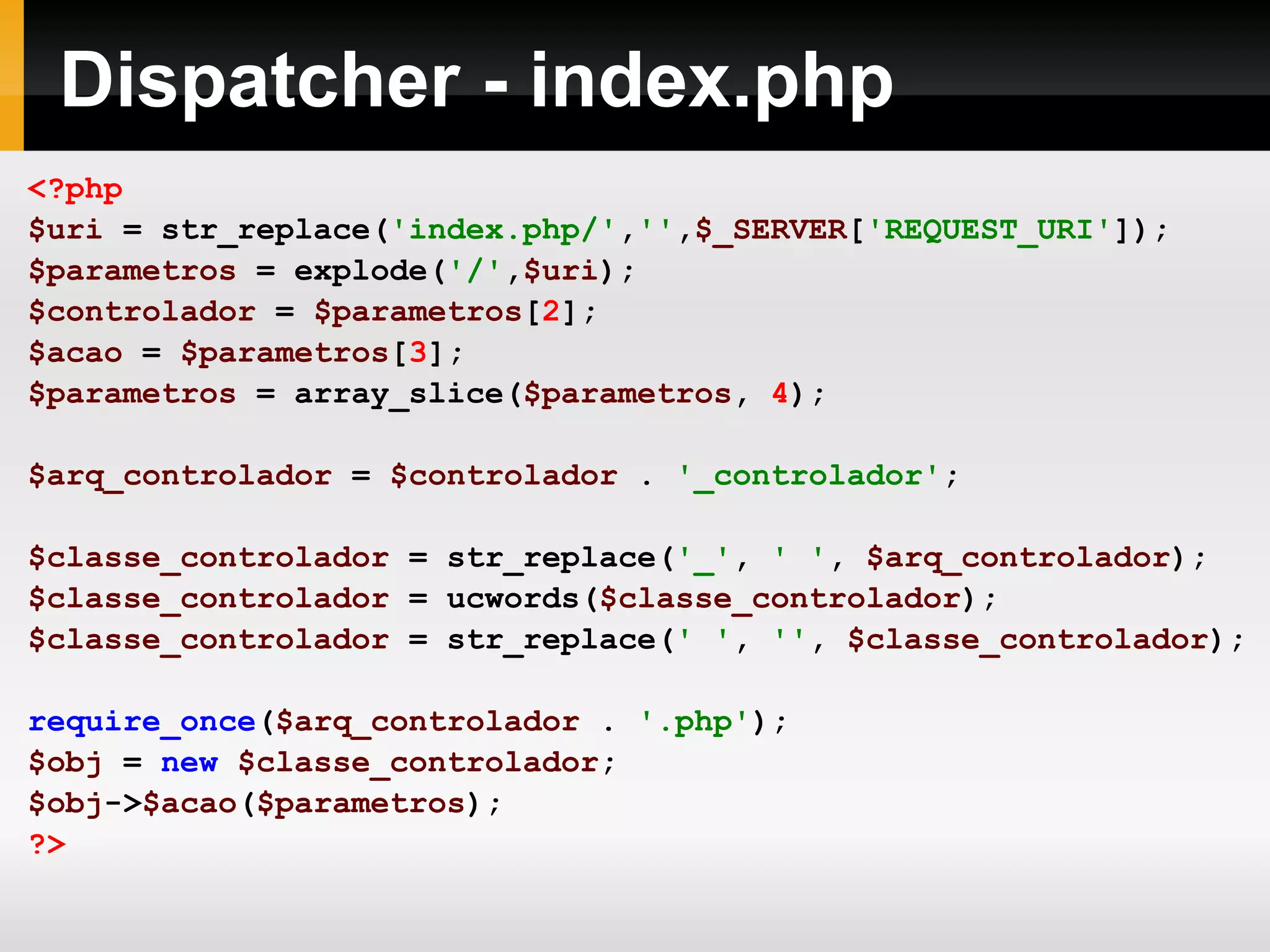 Dispatcher - index.php
<?php
$uri = str_replace('index.php/','',$_SERVER['REQUEST_URI']);
$parametros = explode('/',$uri);
$controlador = $parametros[2];
$acao = $parametros[3];
$parametros = array_slice($parametros, 4);
$arq_controlador = $controlador . '_controlador';
$classe_controlador = str_replace('_', ' ', $arq_controlador);
$classe_controlador = ucwords($classe_controlador);
$classe_controlador = str_replace(' ', '', $classe_controlador);
require_once($arq_controlador . '.php');
$obj = new $classe_controlador;
$obj->$acao($parametros);
?>
 