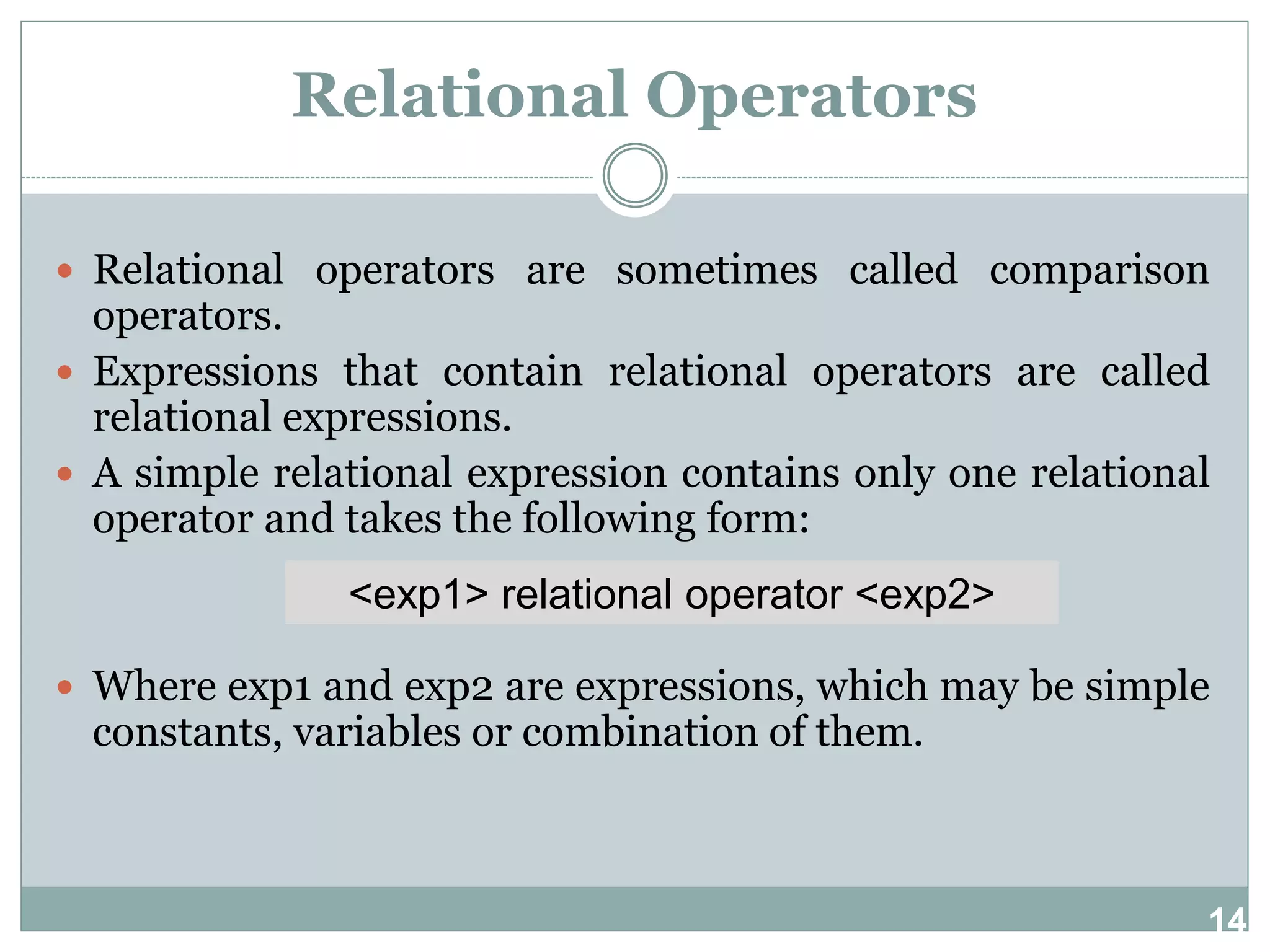 14 Relational Operators  Relational operators are sometimes called comparison operators.  Expressions that contain relational operators are called relational expressions.  A simple relational expression contains only one relational operator and takes the following form:  Where exp1 and exp2 are expressions, which may be simple constants, variables or combination of them. <exp1> relational operator <exp2> 