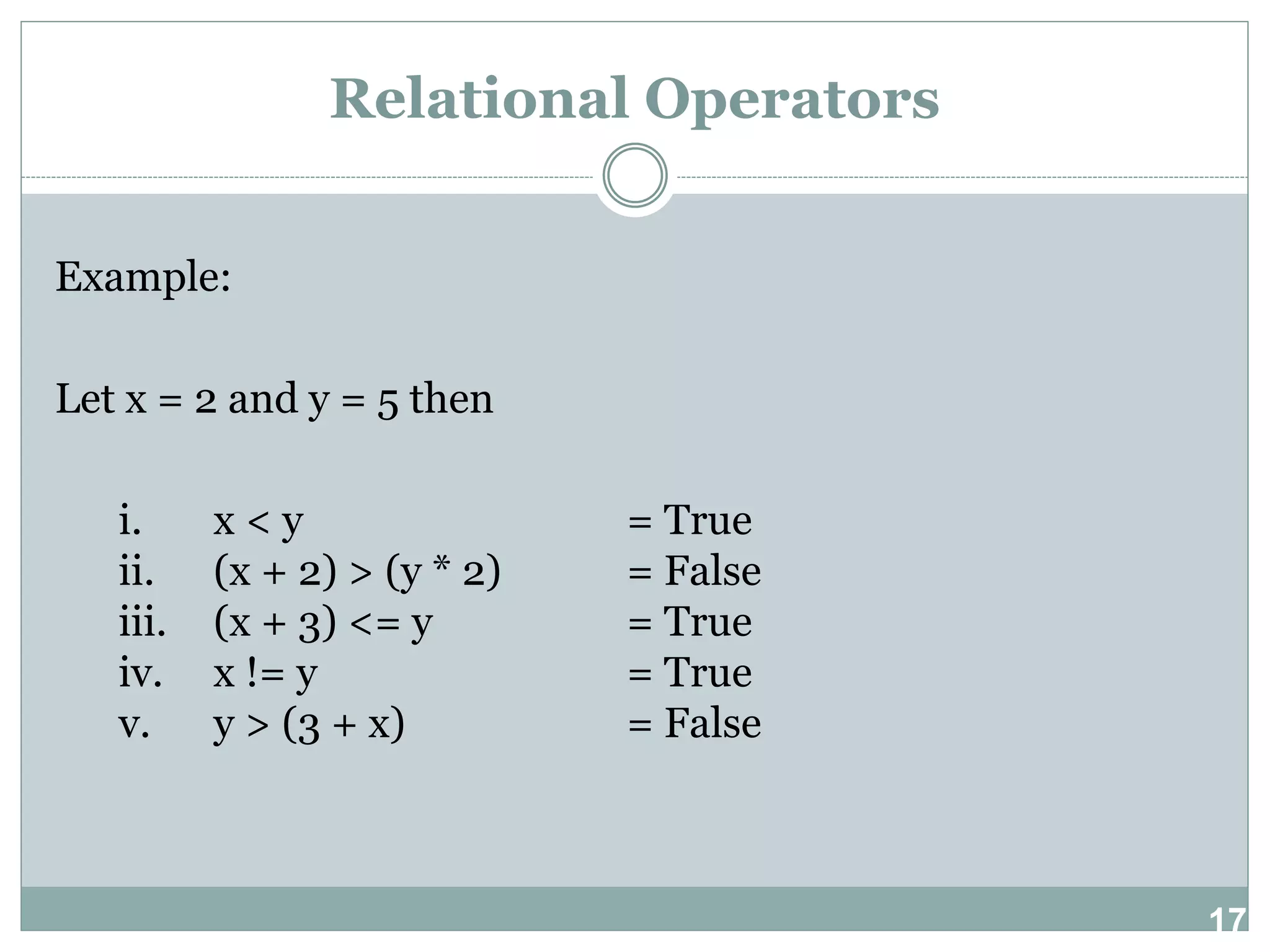 17 Relational Operators Example: Let x = 2 and y = 5 then i. x < y = True ii. (x + 2) > (y * 2) = False iii. (x + 3) <= y = True iv. x != y = True v. y > (3 + x) = False 