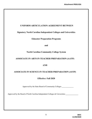 UNIFORM ARTICULATION AGREEMENT BETWEEN
Signatory North Carolina Independent Colleges and Universities
Educator Preparation Programs
and
North Carolina Community College System
ASSOCIATE IN ARTS IN TEACHER PREPARATION (AATP)
AND
ASSOCIATE IN SCIENCE IN TEACHER PREPARATION (ASTP)
Effective: Fall 2020
Approved by the State Board of Community Colleges _____________
Approved by the Board of North Carolina Independent Colleges & Universities ______________
Attachment PROG 02A
1 SBCC
11/20/2020
 
