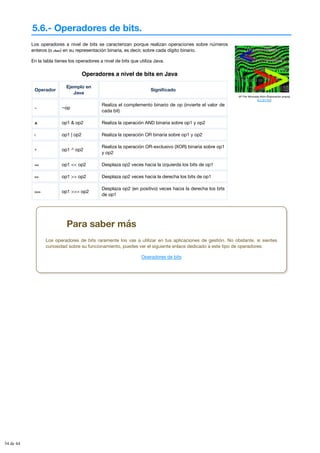 5.6.- Operadores de bits.
Mª Flor Moncada Añón (Elaboración propia)
(CC BY-NC)
Los operadores a nivel de bits se caracterizan porque realizan operaciones sobre números
enteros (o char) en su representación binaria, es decir, sobre cada dígito binario.
En la tabla tienes los operadores a nivel de bits que utiliza Java.
Operadores a nivel de bits en Java
Operador
Ejemplo en
Java
Significado
~ ~op
Realiza el complemento binario de op (invierte el valor de
cada bit)
& op1 & op2 Realiza la operación AND binaria sobre op1 y op2
| op1 | op2 Realiza la operación OR binaria sobre op1 y op2
^ op1 ^ op2
Realiza la operación OR-exclusivo (XOR) binaria sobre op1
y op2
<< op1 << op2 Desplaza op2 veces hacia la izquierda los bits de op1
>> op1 >> op2 Desplaza op2 veces hacia la derecha los bits de op1
>>> op1 >>> op2
Desplaza op2 (en positivo) veces hacia la derecha los bits
de op1
Para saber más
Los operadores de bits raramente los vas a utilizar en tus aplicaciones de gestión. No obstante, si sientes
curiosidad sobre su funcionamiento, puedes ver el siguiente enlace dedicado a este tipo de operadores:
Operadores de bits
34 de 44
 