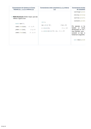 Conversiones de números en Coma
flotante (float, double) a enteros (int)
Conversiones entre caracteres (char) y enteros
(int)
Conversiones de tipo con cade
de caracteres (
Math.floor(num): Entero mayor, que sea
inferior o igual a num.
double num=3.5;
x=Math.round(num); // x = 4
y=Math.ceil(num); // y = 4
z=Math.floor(num); // z = 3
char c;
num = (int) ‘A’; //num = 65
c = (char) 65; // c = ‘A’
c = (char) ((int) ‘A’ + 1); // c = ’B’
num=Integer.parseInt
num=Long.parseLong(
num=Float.parseFloat
num=Double.parseDouble
Por ejemplo, si hemos leído
teclado un número que
almacenado en una variable de
String llamada cadena, y lo quer
convertir al tipo de datos
haríamos lo siguiente:
byte n=Byte.parseByte
44 de 44
 