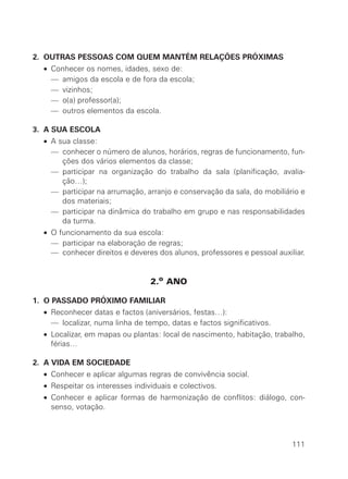 2. OUTRAS PESSOAS COM QUEM MANTÉM RELAÇÕES PRÓXIMAS
  •   Conhecer os nomes, idades, sexo de:
  •   — amigos da escola e de fora da escola;
  •   — vizinhos;
  •   — o(a) professor(a);
  •   — outros elementos da escola.

3. A SUA ESCOLA
  • A sua classe:
  • — conhecer o número de alunos, horários, regras de funcionamento, fun-
       ções dos vários elementos da classe;
  • — participar na organização do trabalho da sala (planificação, avalia-
       ção…);
  • — participar na arrumação, arranjo e conservação da sala, do mobiliário e
       dos materiais;
  • — participar na dinâmica do trabalho em grupo e nas responsabilidades
       da turma.
  • O funcionamento da sua escola:
  • — participar na elaboração de regras;
  • — conhecer direitos e deveres dos alunos, professores e pessoal auxiliar.


                                 2.o ANO

1. O PASSADO PRÓXIMO FAMILIAR
  • Reconhecer datas e factos (aniversários, festas…):
  • — localizar, numa linha de tempo, datas e factos significativos.
  • Localizar, em mapas ou plantas: local de nascimento, habitação, trabalho,
    férias…

2. A VIDA EM SOCIEDADE
  • Conhecer e aplicar algumas regras de convivência social.
  • Respeitar os interesses individuais e colectivos.
  • Conhecer e aplicar formas de harmonização de conflitos: diálogo, con-
    senso, votação.



                                                                         111
 