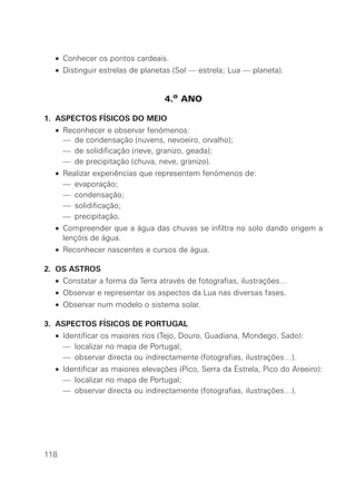 • Conhecer os pontos cardeais.
  • Distinguir estrelas de planetas (Sol — estrela; Lua — planeta).


                                 4.o ANO

1. ASPECTOS FÍSICOS DO MEIO
  •   Reconhecer e observar fenómenos:
  •   — de condensação (nuvens, nevoeiro, orvalho);
  •   — de solidificação (neve, granizo, geada);
  •   — de precipitação (chuva, neve, granizo).
  •   Realizar experiências que representem fenómenos de:
  •   — evaporação;
  •   — condensação;
  •   — solidificação;
  •   — precipitação.
  • Compreender que a água das chuvas se infiltra no solo dando origem a
    lençóis de água.
  • Reconhecer nascentes e cursos de água.

2. OS ASTROS
  • Constatar a forma da Terra através de fotografias, ilustrações…
  • Observar e representar os aspectos da Lua nas diversas fases.
  • Observar num modelo o sistema solar.

3. ASPECTOS FÍSICOS DE PORTUGAL
  • Identificar os maiores rios (Tejo, Douro, Guadiana, Mondego, Sado):
  • — localizar no mapa de Portugal;
  • — observar directa ou indirectamente (fotografias, ilustrações…).
  • Identificar as maiores elevações (Pico, Serra da Estrela, Pico do Areeiro):
  • — localizar no mapa de Portugal;
  • — observar directa ou indirectamente (fotografias, ilustrações…).




118
 