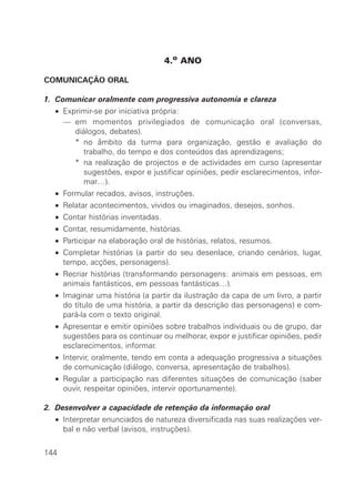 4.o ANO

COMUNICAÇÃO ORAL

1. Comunicar oralmente com progressiva autonomia e clareza
  • Exprimir-se por iniciativa própria:
  • — em momentos privilegiados de comunicação oral (conversas,
       diálogos, debates).
  • — * no âmbito da turma para organização, gestão e avaliação do
          trabalho, do tempo e dos conteúdos das aprendizagens;
  • — * na realização de projectos e de actividades em curso (apresentar
          sugestões, expor e justificar opiniões, pedir esclarecimentos, infor-
          mar…).
  • Formular recados, avisos, instruções.
  • Relatar acontecimentos, vividos ou imaginados, desejos, sonhos.
  • Contar histórias inventadas.
  • Contar, resumidamente, histórias.
  • Participar na elaboração oral de histórias, relatos, resumos.
  • Completar histórias (a partir do seu desenlace, criando cenários, lugar,
    tempo, acções, personagens).
  • Recriar histórias (transformando personagens: animais em pessoas, em
    animais fantásticos, em pessoas fantásticas…).
  • Imaginar uma história (a partir da ilustração da capa de um livro, a partir
    do título de uma história, a partir da descrição das personagens) e com-
    pará-la com o texto original.
  • Apresentar e emitir opiniões sobre trabalhos individuais ou de grupo, dar
    sugestões para os continuar ou melhorar, expor e justificar opiniões, pedir
    esclarecimentos, informar.
  • Intervir, oralmente, tendo em conta a adequação progressiva a situações
    de comunicação (diálogo, conversa, apresentação de trabalhos).
  • Regular a participação nas diferentes situações de comunicação (saber
    ouvir, respeitar opiniões, intervir oportunamente).

2. Desenvolver a capacidade de retenção da informação oral
  • Interpretar enunciados de natureza diversificada nas suas realizações ver-
    bal e não verbal (avisos, instruções).


144
 