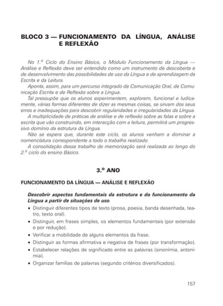 BLOCO 3 — FUNCIONAMENTO DA LÍNGUA, ANÁLISE
          E REFLEXÃO


   No 1.o Ciclo do Ensino Básico, o Módulo Funcionamento da Língua —
Análise e Reflexão deve ser entendido como um instrumento de descoberta e
de desenvolvimento das possibilidades de uso da Língua e de aprendizagem da
Escrita e da Leitura.
   Aponta, assim, para um percurso integrado de Comunicação Oral, de Comu-
nicação Escrita e de Reflexão sobre a Língua.
   Tal pressupõe que os alunos experimentem, explorem, funcional e ludica-
mente, várias formas diferentes de dizer as mesmas coisas, se sirvam dos seus
erros e inadequações para descobrir regularidades e irregularidades da Língua.
   A multiplicidade de práticas de análise e de reflexão sobre as falas e sobre a
escrita que vão construindo, em interacção com a leitura, permitirá um progres-
sivo domínio da estrutura da Língua.
   Não se espera que, durante este ciclo, os alunos venham a dominar a
nomenclatura correspondente a todo o trabalho realizado.
   A consolidação desse trabalho de memorização será realizada ao longo do
2.o ciclo do ensino Básico.


                                   3.o ANO

FUNCIONAMENTO DA LÍNGUA — ANÁLISE E REFLEXÃO

   Descobrir aspectos fundamentais da estrutura e do funcionamento da
   Língua a partir de situações de uso
   • Distinguir diferentes tipos de texto (prosa, poesia, banda desenhada, tea-
     tro, texto oral).
   • Distinguir, em frases simples, os elementos fundamentais (por extensão
     e por redução).
   • Verificar a mobilidade de alguns elementos da frase.
   • Distinguir as formas afirmativa e negativa de frases (por transformação).
   • Estabelecer relações de significado entre as palavras (sinonímia, antoní-
     mia).
   • Organizar famílias de palavras (segundo critérios diversificados).



                                                                             157
 