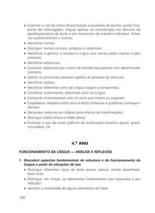 • Exercitar o uso de sinais de pontuação e auxiliares da escrita: ponto final,
    ponto de interrogação, vírgula apenas na enumeração (no decurso de
    aperfeiçoamento de texto e em momentos de trabalho individual, fichei-
    ros autocorrectivos e outros).
  • Identificar nomes.
  • Distinguir nomes comuns, próprios e colectivos.
  • Identificar o género, o número e o grau dos nomes pelas marcas e pelo
    contexto.
  • Identificar adjectivos.
  • Substituir adjectivos por outros de sentido equivalente num determinado
    contexto.
  • Aplicar os pronomes pessoais ligados às pessoas do discurso.
  • Identificar verbos.
  • Identificar diferentes sons da Língua (vogais e consoantes).
  • Combinar, ludicamente, diferentes sons da Língua.
  • Comparar onomatopeias com os sons que imitam ou sugerem.
  • Estabelecer relações entre sons e letras (fonemas e grafemas correspon-
    dentes).
  • Decompor palavras em sílabas (para efeitos de translineação).
  • Distinguir sílaba tónica e sílaba átona.
  • Exercitar o uso de sinais gráficos de acentuação (acentos agudo, grave,
    circunflexo, til).



                                  4.o ANO

FUNCIONAMENTO DA LÍNGUA — ANÁLISE E REFLEXÃO

1. Descobrir aspectos fundamentais da estrutura e do funcionamento da
   Língua a partir de situações de uso
  • Distinguir diferentes tipos de texto (prosa, poesia, banda desenhada,
    texto oral).
  • Distinguir, em frases, os elementos fundamentais (por expansão e por
    redução).
  • Verificar a mobilidade de alguns elementos da frase.

158
 