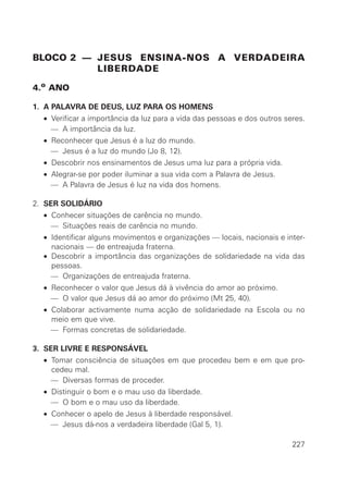 BLOCO 2 — JESUS ENSINA-NOS A VERDADEIRA
          LIBERDADE

4.o ANO

1. A PALAVRA DE DEUS, LUZ PARA OS HOMENS
  • Verificar a importância da luz para a vida das pessoas e dos outros seres.
    — A importância da luz.
  • Reconhecer que Jesus é a luz do mundo.
    — Jesus é a luz do mundo (Jo 8, 12).
  • Descobrir nos ensinamentos de Jesus uma luz para a própria vida.
  • Alegrar-se por poder iluminar a sua vida com a Palavra de Jesus.
    — A Palavra de Jesus é luz na vida dos homens.

2. SER SOLIDÁRIO
  • Conhecer situações de carência no mundo.
    — Situações reais de carência no mundo.
  • Identificar alguns movimentos e organizações — locais, nacionais e inter-
    nacionais — de entreajuda fraterna.
  • Descobrir a importância das organizações de solidariedade na vida das
    pessoas.
    — Organizações de entreajuda fraterna.
  • Reconhecer o valor que Jesus dá à vivência do amor ao próximo.
    — O valor que Jesus dá ao amor do próximo (Mt 25, 40).
  • Colaborar activamente numa acção de solidariedade na Escola ou no
    meio em que vive.
    — Formas concretas de solidariedade.

3. SER LIVRE E RESPONSÁVEL
  • Tomar consciência de situações em que procedeu bem e em que pro-
    cedeu mal.
    — Diversas formas de proceder.
  • Distinguir o bom e o mau uso da liberdade.
    — O bom e o mau uso da liberdade.
  • Conhecer o apelo de Jesus à liberdade responsável.
    — Jesus dá-nos a verdadeira liberdade (Gal 5, 1).

                                                                          227
 