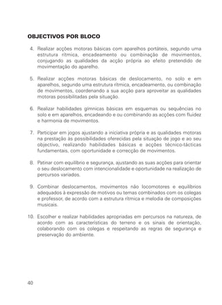 OBJECTIVOS POR BLOCO

 4. Realizar acções motoras básicas com aparelhos portáteis, segundo uma
    estrutura rítmica, encadeamento ou combinação de movimentos,
    conjugando as qualidades da acção própria ao efeito pretendido de
    movimentação do aparelho.

 5. Realizar acções motoras básicas de deslocamento, no solo e em
    aparelhos, segundo uma estrutura rítmica, encadeamento, ou combinação
    de movimentos, coordenando a sua acção para aproveitar as qualidades
    motoras possibilitadas pela situação.

 6. Realizar habilidades gímnicas básicas em esquemas ou sequências no
    solo e em aparelhos, encadeando e ou combinando as acções com fluidez
    e harmonia de movimentos.

 7. Participar em jogos ajustando a iniciativa própria e as qualidades motoras
    na prestação às possibilidades oferecidas pela situação de jogo e ao seu
    objectivo, realizando habilidades básicas e acções técnico-tácticas
    fundamentais, com oportunidade e correcção de movimentos.

 8. Patinar com equilíbrio e segurança, ajustando as suas acções para orientar
    o seu deslocamento com intencionalidade e oportunidade na realização de
    percursos variados.

 9. Combinar deslocamentos, movimentos não locomotores e equilíbrios
    adequados à expressão de motivos ou temas combinados com os colegas
    e professor, de acordo com a estrutura rítmica e melodia de composições
    musicais.

10. Escolher e realizar habilidades apropriadas em percursos na natureza, de
    acordo com as características do terreno e os sinais de orientação,
    colaborando com os colegas e respeitando as regras de segurança e
    preservação do ambiente.




40
 