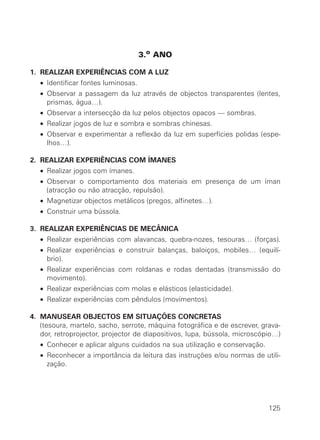 3.o ANO

1. REALIZAR EXPERIÊNCIAS COM A LUZ
   • Identificar fontes luminosas.
   • Observar a passagem da luz através de objectos transparentes (lentes,
     prismas, água…).
   • Observar a intersecção da luz pelos objectos opacos — sombras.
   • Realizar jogos de luz e sombra e sombras chinesas.
   • Observar e experimentar a reflexão da luz em superfícies polidas (espe-
     lhos…).

2. REALIZAR EXPERIÊNCIAS COM ÍMANES
   • Realizar jogos com ímanes.
   • Observar o comportamento dos materiais em presença de um íman
     (atracção ou não atracção, repulsão).
   • Magnetizar objectos metálicos (pregos, alfinetes…).
   • Construir uma bússola.

3. REALIZAR EXPERIÊNCIAS DE MECÂNICA
   • Realizar experiências com alavancas, quebra-nozes, tesouras… (forças).
   • Realizar experiências e construir balanças, baloiços, mobiles… (equilí-
     brio).
   • Realizar experiências com roldanas e rodas dentadas (transmissão do
     movimento).
   • Realizar experiências com molas e elásticos (elasticidade).
   • Realizar experiências com pêndulos (movimentos).

4. MANUSEAR OBJECTOS EM SITUAÇÕES CONCRETAS
   (tesoura, martelo, sacho, serrote, máquina fotográfica e de escrever, grava-
   dor, retroprojector, projector de diapositivos, lupa, bússola, microscópio…)
   • Conhecer e aplicar alguns cuidados na sua utilização e conservação.
   • Reconhecer a importância da leitura das instruções e/ou normas de utili-
     zação.




                                                                           125
 