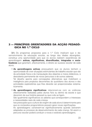 3 — PRINCÍPIOS ORIENTADORES DA ACÇÃO PEDAGÓ-
    GICA NO 1.o CICLO

    3.1. Os programas propostos para o 1.º Ciclo implicam que o de-
senvolvimento da educação escolar, ao longo das idades abrangidas,
constitua uma oportunidade para que os alunos realizem experiências de
aprendizagem activas, significativas, diversificadas, integradas e socia-
lizadoras que garantam, efectivamente, o direito ao sucesso escolar de cada
aluno.
  ∑ As aprendizagens activas pressupõem que os alunos tenham a
    oportunidade de viver situações estimulantes de trabalho escolar que vão
    da actividade física e da manipulação dos objectos e meios didácticos, à
    descoberta permanente de novos percursos e de outros saberes.
    Tal desafio aponta para concepções alternativas que mobilizem a
    inteligência para projectos decorrentes do quotidiano dos alunos e das
    actividades exploratórias que lhes deverão ser proporcionadas sistema-
    ticamente.
  ∑ As aprendizagens significativas relacionam-se com as vivências
    efectivamente realizadas pelos alunos fora ou dentro da escola e que
    decorrem da sua história pessoal ou que a ela se ligam.
    São igualmente significativos os saberes que correspondem a interesses
    e necessidades reais de cada criança.
    Isto pressupõe que a cultura de origem de cada aluno é determinante para
    que os conteúdos programáticos possam gerar novas significações.
    As aprendizagens constroem-se significativamente quando estiverem
    adaptadas ao processo de desenvolvimento de cada criança. Só assim o
    percurso escolar poderá conduzir a novas e estáveis aprendizagens.

                                                                         23
 