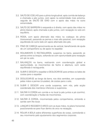 2.2. SALTO DE COELHO para o plinto longitudinal, após corrida de balanço
           e chamada a pés juntos, com apoio na extremidade mais próxima,
           seguida de SALTO DE EIXO com o apoio das mãos na outra
           extremidade.

      2.3. SALTO DE BARREIRA à esquerda e à direita, com apoio das mãos no
           plinto (baixo), após chamada a pés juntos, com recepção no solo em
           equilíbrio.

      2.4. RODA, com apoio alternado das mãos na «cabeça» do plinto
           (transversal), passando as pernas o mais alto possível, com recepção
           equilibrada do outro lado em apoio alternado dos pés.

      2.5. PINO DE CABEÇA aproximando-se da vertical, beneficiando de ajuda
           de um companheiro ou de apoio no espaldar.

      2.6. ROLAMENTO À RECTAGUARDA, suspenso na barra, passando as
           pernas entre os braços, soltando-se com oportunidade para recepção
           em pé no solo.

      2.7. BALANÇOS na barra, realizando com coordenação global e
           oportunidade, os movimentos de fecho e abertura, com saída
           equilibrada à rectaguarda.

      2.8. SUBIR E DESCER o espaldar e DESLOCAR-SE para ambos os lados de
           costas para o espaldar.

      2.9. DESLOCAR-SE ao longo da barra, nos dois sentidos, em suspensão
           pelas mãos e pernas (cruzadas), de costas para o solo.

     2.10. SUBIR E DESCER uma corda suspensa, sem nós, pela acção
           coordenada dos membros inferiores e superiores.

     2.11. SALTAR À CORDA em corrida e no local (a pés juntos e pé coxinho),
           com coordenação e fluidez de movimentos.

     2.12. SALTAR À CORDA, movimentada pelos companheiros, entrando e
           saindo sem lhe tocar.

     2.13. LANÇAR E RECEBER O ARCO com as duas mãos, no plano horizontal,
           posicionando-se para ficar dentro do arco na recepção.

     2.14. ROLAR A BOLA sobre diferentes superfícies do corpo, controlando o
           seu movimento pelo ajustamento dos segmentos corporais.

48
 