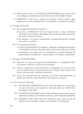 7.2. Manter a bola no ar, com TOQUES DE SUSTENTAÇÃO com os pés, coxa
          e ou cabeça, posicionando-se de modo a dar continuidade à acção.
     7.3. CABECEAR a bola (com a testa), em posição frontal à baliza, após
          passe com as mãos (lateral) de um companheiro, acertando na baliza.

8. No jogo da ROLHA:
     8.1. Na situação de atacante («caçador»):
     8.1. • Escolher e PERSEGUIR um dos fugitivos para o tocar, utilizando
            mudanças de direcção e velocidade, procurando desviá-lo para perto
            das linhas limites do campo;
     8.1. • Ao «guardar» um fugitivo já apanhado, enquadrando-se para impedir
            que outros o «salvem».
     8.2. Em situação de defesa:
     8.2. • FUGIR E ESQUIVAR-SE do «caçador», utilizando mudanças de direcção
            e velocidade, evitando colocar-se perto das linhas limites do campo;
     8.2. • Coordenar a sua acção com um companheiro criando situações de
            superioridade numérica (2 × 1) para «salvar» um fugitivo «apanhado».

9. No jogo «PUXA-EMPURRA»:
     9.1. Respeitar as regras de segurança estabelecidas e a integridade física
          do parceiro, mesmo à custa da sua vantagem.
     9.2. Colocar o parceiro fora dos limites de um quadrado ou círculo, puxan-
          do-o ou empurrando-o directamente ou em rotação, pelos braços e ou
          tronco, aproveitando a acção do oponente.
     9.3. Evitar ser colocado fora do quadrado ou círculo «esquivando-se» às
          acções do parceiro, aproveitando-se para passar ao ataque.

10. Em concurso individual:
      10.1. SALTAR EM COMPRIMENTO após corrida de balanço e chamada a
            um pé numa zona, com queda na caixa de saltos ou colchão fixo
            (recepção a dois pés).
      10.2. SALTAR EM ALTURA após curta corrida de balanço e chamada a um pé,
            passando o elástico com salto de «tesoura», com recepção equilibrada.
      10.3. LANÇAR A BOLA (tipo ténis) em distância, após curta corrida de
            balanço e ter «armado» o braço, em extensão, à rectaguarda.

52
 