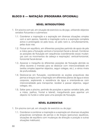 BLOCO 8 — NATAÇÃO (PROGRAMA OPCIONAL)


                           NÍVEL INTRODUTÓRIO

1. Em piscina com pé, em situação de exercício ou de jogo, utilizando objectos
   variados flutuantes e submersos:
     1.1. Coordenar a inspiração e a expiração em diversas situações simples
          com e sem apoios, fazendo a inspiração curta e a expiração completa
          activa e prolongada só pela boca, só pelo nariz e, simultaneamente,
          pelas duas vias.
     1.2. Flutuar em equilíbrio, em diferentes posições partindo de apoio de pés
          e mãos para a flutuação vertical e horizontal (facial e dorsal). Combinar
          as posições de flutuação em sequências (coordenando essas mudan-
          ças com os movimentos da cabeça e respiração): vertical-horizontal,
          horizontal facial-dorsal.
     1.3. Associar o mergulho às diferentes posições de flutuação abrindo os
          olhos durante a imersão para se deslocar com intencionalidade em
          tarefas simples (apanhar objectos, seguir colegas, etc.), a vários níveis
          de profundidade.
     1.4. Deslocar-se em flutuação, coordenando as acções propulsivas das
          pernas e braços com a respiração em diferentes planos de água e eixos
          corporais, explorando a resistência da água e orientando-se com
          intencionalidade para transportar, receber e passar objectos, seguir
          colegas, etc.
     1.5. Saltar para a piscina, partindo de posições e apoios variados (pés, pés
          e mãos, joelhos, frontal e lateral), mergulhando para apanhar um
          objecto no fundo e voltar para uma posição de flutuação.


                             NÍVEL ELEMENTAR

1. Em piscina com pé, em situação de exercício ou de jogo:
     1.1. Coordenar e combinar a inspiração e a expiração em diversas situações
          propulsivas complexas de pernas e de braços (percursos aquáticos,
          situações de equilíbrio com mudanças de direcção e posição e outras
          situações inabituais).

60
 