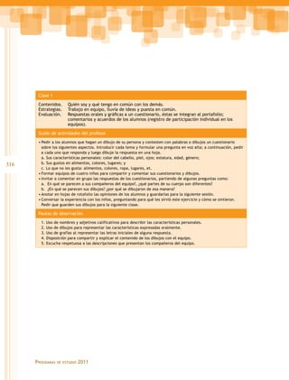 316
Programas de estudio 2011
Clase 1
Contenidos.	 Quién soy y qué tengo en común con los demás.
Estrategias.	 Trabajo en equipo, lluvia de ideas y puesta en común.
Evaluación.	 Respuestas orales y gráficas a un cuestionario, éstas se integran al portafolio;
comentarios y acuerdos de los alumnos (registro de participación individual en los
equipos).
Guión de actividades del profesor
•	Pedir a los alumnos que hagan un dibujo de su persona y contesten con palabras o dibujos un cuestionario
sobre los siguientes aspectos. Introducir cada tema y formular una pregunta en voz alta; a continuación, pedir
a cada uno que responda y luego dibuje la respuesta en una hoja.
a. Sus características personales: color del cabello, piel, ojos; estatura, edad, género;
b. Sus gustos en alimentos, colores, lugares; y
c. Lo que no les gusta: alimentos, colores, ropa, lugares, et.
•	Formar equipos de cuatro niños para compartir y comentar sus cuestionarios y dibujos.
•	Invitar a comentar en grupo las respuestas de los cuestionarios, partiendo de algunas preguntas como:
a. En qué se parecen a sus compañeros del equipo?, ¿qué partes de su cuerpo son diferentes?
b. ¿En qué se parecen sus dibujos? ¿por qué se dibujaron de esa manera?
•	Anotar en hojas de rotafolio las opiniones de los alumnos y guardarlas para la siguiente sesión.
•	Conversar la experiencia con los niños, preguntando para qué les sirvió este ejercicio y cómo se sintieron.
Pedir que guarden sus dibujos para la siguiente clase.
Pautas de observación
1. Uso de nombres y adjetivos calificativos para describir las características personales.
2. Uso de dibujos para representar las características expresadas oralmente.
3. Uso de grafías al representar las letras iniciales de alguna respuesta.
4. Disposición para compartir y explicar el contenido de los dibujos con el equipo.
5. Escucha respetuosa a las descripciones que presentan los compañeros del equipo.
 