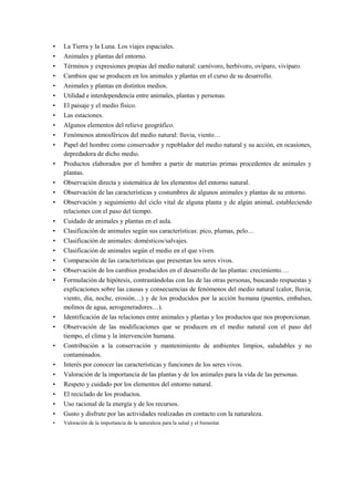 • La Tierra y la Luna. Los viajes espaciales.
• Animales y plantas del entorno.
• Términos y expresiones propias del medio natural: carnívoro, herbívoro, ovíparo, vivíparo.
• Cambios que se producen en los animales y plantas en el curso de su desarrollo.
• Animales y plantas en distintos medios.
• Utilidad e interdependencia entre animales, plantas y personas.
• El paisaje y el medio físico.
• Las estaciones.
• Algunos elementos del relieve geográfico.
• Fenómenos atmosféricos del medio natural: lluvia, viento…
• Papel del hombre como conservador y repoblador del medio natural y su acción, en ocasiones,
depredadora de dicho medio.
• Productos elaborados por el hombre a partir de materias primas procedentes de animales y
plantas.
• Observación directa y sistemática de los elementos del entorno natural.
• Observación de las características y costumbres de algunos animales y plantas de su entorno.
• Observación y seguimiento del ciclo vital de alguna planta y de algún animal, estableciendo
relaciones con el paso del tiempo.
• Cuidado de animales y plantas en el aula.
• Clasificación de animales según sus características: pico, plumas, pelo…
• Clasificación de animales: domésticos/salvajes.
• Clasificación de animales según el medio en el que viven.
• Comparación de las características que presentan los seres vivos.
• Observación de los cambios producidos en el desarrollo de las plantas: crecimiento.…
• Formulación de hipótesis, contrastándolas con las de las otras personas, buscando respuestas y
explicaciones sobre las causas y consecuencias de fenómenos del medio natural (calor, lluvia,
viento, día, noche, erosión…) y de los producidos por la acción humana (puentes, embalses,
molinos de agua, aerogeneradores…).
• Identificación de las relaciones entre animales y plantas y los productos que nos proporcionan.
• Observación de las modificaciones que se producen en el medio natural con el paso del
tiempo, el clima y la intervención humana.
• Contribución a la conservación y mantenimiento de ambientes limpios, saludables y no
contaminados.
• Interés por conocer las características y funciones de los seres vivos.
• Valoración de la importancia de las plantas y de los animales para la vida de las personas.
• Respeto y cuidado por los elementos del entorno natural.
• El reciclado de los productos.
• Uso racional de la energía y de los recursos.
• Gusto y disfrute por las actividades realizadas en contacto con la naturaleza.
• Valoración de la importancia de la naturaleza para la salud y el bienestar.
 