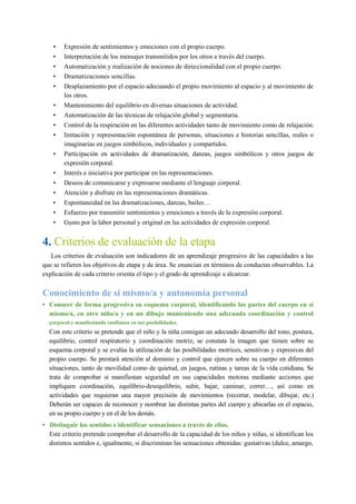 • Expresión de sentimientos y emociones con el propio cuerpo.
• Interpretación de los mensajes transmitidos por los otros a través del cuerpo.
• Automatización y realización de nociones de direccionalidad con el propio cuerpo.
• Dramatizaciones sencillas.
• Desplazamiento por el espacio adecuando el propio movimiento al espacio y al movimiento de
los otros.
• Mantenimiento del equilibrio en diversas situaciones de actividad.
• Automatización de las técnicas de relajación global y segmentaria.
• Control de la respiración en las diferentes actividades tanto de movimiento como de relajación.
• Imitación y representación espontánea de personas, situaciones e historias sencillas, reales o
imaginarias en juegos simbólicos, individuales y compartidos.
• Participación en actividades de dramatización, danzas, juegos simbólicos y otros juegos de
expresión corporal.
• Interés e iniciativa por participar en las representaciones.
• Deseos de comunicarse y expresarse mediante el lenguaje corporal.
• Atención y disfrute en las representaciones dramáticas.
• Espontaneidad en las dramatizaciones, danzas, bailes…
• Esfuerzo por transmitir sentimientos y emociones a través de la expresión corporal.
• Gusto por la labor personal y original en las actividades de expresión corporal.
4. Criterios de evaluación de la etapa
Los criterios de evaluación son indicadores de un aprendizaje progresivo de las capacidades a las
que se refieren los objetivos de etapa y de área. Se enuncian en términos de conductas observables. La
explicación de cada criterio orienta el tipo y el grado de aprendizaje a alcanzar.
Conocimiento de sí mismo/a y autonomía personal
• Conocer de forma progresiva su esquema corporal, identificando las partes del cuerpo en sí
mismo/a, en otro niño/a y en un dibujo manteniendo una adecuada coordinación y control
corporal y manifestando confianza en sus posibilidades.
Con este criterio se pretende que el niño y la niña consigan un adecuado desarrollo del tono, postura,
equilibrio, control respiratorio y coordinación motriz, se constata la imagen que tienen sobre su
esquema corporal y se evalúa la utilización de las posibilidades motrices, sensitivas y expresivas del
propio cuerpo. Se prestará atención al dominio y control que ejercen sobre su cuerpo en diferentes
situaciones, tanto de movilidad como de quietud, en juegos, rutinas y tareas de la vida cotidiana. Se
trata de comprobar si manifiestan seguridad en sus capacidades motoras mediante acciones que
impliquen coordinación, equilibrio-desequilibrio, subir, bajar, caminar, correr…, así como en
actividades que requieran una mayor precisión de movimientos (recortar, modelar, dibujar, etc.)
Deberán ser capaces de reconocer y nombrar las distintas partes del cuerpo y ubicarlas en el espacio,
en su propio cuerpo y en el de los demás.
• Distinguir los sentidos e identificar sensaciones a través de ellos.
Este criterio pretende comprobar el desarrollo de la capacidad de los niños y niñas, si identifican los
distintos sentidos e, igualmente, si discriminan las sensaciones obtenidas: gustativas (dulce, amargo,
 