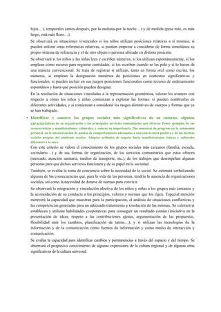 lejos…), temporales (antes-después, por la mañana-por la noche…) y de medida (pesa más, es más
largo, está más lleno…).
Se observará en situaciones vivenciales si los niños utilizan posiciones relativas a sí mismos, si
pueden utilizar otras referencias relativas, si pueden empezar a considerar de forma simultánea su
propio sistema de referencia y el de otro objeto o persona ubicado en distinta posición.
Se observará si los niños y las niñas leen y escriben números, si los utilizan espontáneamente, si los
emplean como recurso para registrar cantidades, si los escriben cuando se les pide y si lo hacen de
una manera convencional. Se trata de registrar si utilizan, tanto en forma oral como escrita, los
números, si emplean la designación numérica de posiciones en contextos significativos y
funcionales, si pueden incluir en sus juegos posiciones funcionales como recurso de ordenamiento
espontáneo y hasta qué posición pueden designar.
En la resolución de situaciones vinculadas a la representación geométrica, valorar los avances con
respecto a cómo los niños y niñas comienzan a explorar las formas: si pueden nombrarlas en
diferentes actividades, y si comienzan a considerar los rasgos distintivos de cuerpos y formas que ya
se han trabajado.
• Identificar y conocer los grupos sociales más significativos de su entorno, algunas
características de su organización y los principales servicios comunitarios que ofrecen. Poner ejemplos de sus
características y manifestaciones culturales, y valorar su importancia. Dar muestras de progreso en la autonomía
personal, en la interiorización de pautas de comportamiento adecuadas a una convivencia positiva y de las normas
sociales propias del ambiente escolar. Adoptar actitudes de respeto hacia manifestaciones étnicas y culturales
diferentes a la suya.
Con este criterio se valora el conocimiento de los grupos sociales más cercanos (familia, escuela,
vecindario…) y de sus formas de organización, de los servicios comunitarios que estos ofrecen
(mercado, atención sanitaria, medios de transporte, etc.), de los trabajos que desempeñan algunas
personas para que dichos servicios funcionen y de su papel en la sociedad.
También, se evalúa la toma de conciencia sobre la necesidad de lo social. Se estimará verbalizando
algunas de las consecuencias que, para la vida de las personas, tendría la ausencia de organizaciones
sociales, así como la necesidad de dotarse de normas para convivir.
Se observará la integración y vinculación afectiva de los niños y niñas a los grupos más cercanos y
la acomodación de su conducta a los principios, valores y normas que los rigen. Especial atención
merecerá la capacidad que muestran para la participación, el análisis de situaciones conflictivas y
las competencias generadas para un adecuado tratamiento y resolución de las mismas. Se valorará si
establecen y utilizan habilidades cooperativas para conseguir un resultado común (iniciativa en la
presentación de ideas, respeto a las contribuciones ajenas, argumentación de las propuestas,
flexibilidad ante los cambios, planificación de tareas…), y si utilizan las tecnologías de la
información y de la comunicación como fuentes de información y como medio de interacción y
comunicación.
Se evalúa la capacidad para identificar cambios y permanencias a través del espacio y del tiempo. Se
observará el progresivo conocimiento de algunas expresiones de la cultura regional y de algunas otras
significativas de la cultura universal.
 
