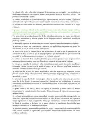 Se valorará si los niños y las niñas son capaces de comunicarse con sus iguales y con los adultos en
situaciones cotidianas de relación social: saludar, pedir permiso, agradecer, despedirse, felicitar… con
pronunciación adecuada a la edad.
Se valorará la capacidad de los niños y niñas para reproducir textos sencillos, variados y repetitivos
con la adecuada expresividad, así como la destreza en la imitación de sonidos, ritmo y entonación.
Se pretende valorar el interés del alumnado por conocer las manifestaciones culturales de la lengua
extranjera.
• Expresarse y comunicarse utilizando medios, materiales y técnicas propios de los diferentes lenguajes artísticos y
audiovisuales, mostrando interés por explorar sus posibilidades, por disfrutar con sus producciones y por compartir
con los demás las experiencias estéticas y comunicativas.
Con este criterio se evalúa el desarrollo de las habilidades expresivas por medio de diferentes
materiales, instrumentos y técnicas propios de los lenguajes musical, audiovisual, tecnológico,
plástico y corporal.
Se observará la capacidad de utilizar todos estos recursos expresivos para ofrecer respuestas originales.
Se apreciará el gusto por experimentar y explorar las posibilidades expresivas del gesto, los
movimientos, la voz, la textura, el color o los sonidos.
Se observará el grado de elaboración de sus producciones, el grado y tipo de participación que
desarrollan en ellos, así como el tipo de lenguaje expresivo que prefiere cada uno (plástico, musical,
corporal). Se tendrán en cuenta sus progresos y su evolución personal.
Se valorará el desarrollo de la sensibilidad estética y de actitudes positivas hacia las producciones
artísticas en distintos medios, junto con el interés por compartir las experiencias estéticas.
Se estimará la capacidad de los niños y niñas para utilizar progresivamente los medios tecnológicos
(ordenador, cámara, reproductores de sonido e imagen…), con diferentes propósitos, teniendo en
cuenta los contextos de interacción en que lo hacen.
Se observarán los avances del grupo, atendiendo a todos los aspectos que interactúan en este
proceso. En cada niño y niña se valorará la actitud y estrategias de participación y contribución al
aprendizaje en grupo.
Se apreciará la capacidad de los menores para valorar y respetar tanto sus propias producciones
como las de los demás, si muestran imaginación y fantasía en sus producciones, si muestran
autonomía e iniciativa en la utilización de los diferentes recursos, si manifiestan seguridad con sus
producciones…
Se podrá valorar si los niños y niñas son capaces de diferenciar y emitir sonidos de diversas
características. Se prestará atención al uso creativo del propio cuerpo, de objetos e instrumentos para
producir sonidos.
Se verificará la capacidad para retener y reproducir pequeños textos y melodías e interpretarlos con
afinación y regularidad rítmica adecuada a la edad. Se habrá de tener en cuenta si son capaces de
marcar la pulsación, es decir, la regularidad rítmica que corresponde a cada frase del texto musical.
Se habrá de considerar si disfrutan con el canto colectivo, si manifiestan disponibilidad para
interpretar canciones o si se inhiben y no participan.
Se apreciará, asimismo, la capacidad de coordinación, control y memorización de movimientos de los
niños y niñas, así como su expresividad y su capacidad para sincronizar movimientos con ritmos
estables y cambiantes.
 