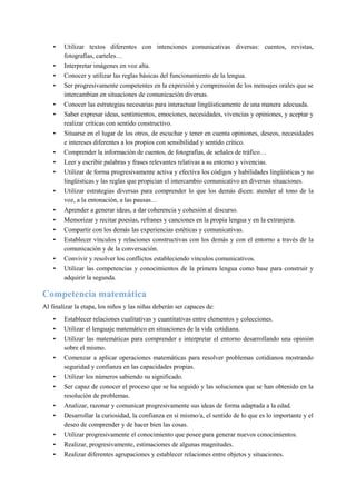• Utilizar textos diferentes con intenciones comunicativas diversas: cuentos, revistas,
fotografías, carteles…
• Interpretar imágenes en voz alta.
• Conocer y utilizar las reglas básicas del funcionamiento de la lengua.
• Ser progresivamente competentes en la expresión y comprensión de los mensajes orales que se
intercambian en situaciones de comunicación diversas.
• Conocer las estrategias necesarias para interactuar lingüísticamente de una manera adecuada.
• Saber expresar ideas, sentimientos, emociones, necesidades, vivencias y opiniones, y aceptar y
realizar críticas con sentido constructivo.
• Situarse en el lugar de los otros, de escuchar y tener en cuenta opiniones, deseos, necesidades
e intereses diferentes a los propios con sensibilidad y sentido crítico.
• Comprender la información de cuentos, de fotografías, de señales de tráfico…
• Leer y escribir palabras y frases relevantes relativas a su entorno y vivencias.
• Utilizar de forma progresivamente activa y efectiva los códigos y habilidades lingüísticas y no
lingüísticas y las reglas que propician el intercambio comunicativo en diversas situaciones.
• Utilizar estrategias diversas para comprender lo que los demás dicen: atender al tono de la
voz, a la entonación, a las pausas…
• Aprender a generar ideas, a dar coherencia y cohesión al discurso.
• Memorizar y recitar poesías, refranes y canciones en la propia lengua y en la extranjera.
• Compartir con los demás las experiencias estéticas y comunicativas.
• Establecer vínculos y relaciones constructivas con los demás y con el entorno a través de la
comunicación y de la conversación.
• Convivir y resolver los conflictos estableciendo vínculos comunicativos.
• Utilizar las competencias y conocimientos de la primera lengua como base para construir y
adquirir la segunda.
Competencia matemática
Al finalizar la etapa, los niños y las niñas deberán ser capaces de:
• Establecer relaciones cualitativas y cuantitativas entre elementos y colecciones.
• Utilizar el lenguaje matemático en situaciones de la vida cotidiana.
• Utilizar las matemáticas para comprender e interpretar el entorno desarrollando una opinión
sobre el mismo.
• Comenzar a aplicar operaciones matemáticas para resolver problemas cotidianos mostrando
seguridad y confianza en las capacidades propias.
• Utilizar los números sabiendo su significado.
• Ser capaz de conocer el proceso que se ha seguido y las soluciones que se han obtenido en la
resolución de problemas.
• Analizar, razonar y comunicar progresivamente sus ideas de forma adaptada a la edad.
• Desarrollar la curiosidad, la confianza en sí mismo/a, el sentido de lo que es lo importante y el
deseo de comprender y de hacer bien las cosas.
• Utilizar progresivamente el conocimiento que posee para generar nuevos conocimientos.
• Realizar, progresivamente, estimaciones de algunas magnitudes.
• Realizar diferentes agrupaciones y establecer relaciones entre objetos y situaciones.
 