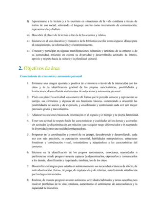 l) Aproximarse a la lectura y a la escritura en situaciones de la vida cotidiana a través de
textos de uso social, valorando el lenguaje escrito como instrumento de comunicación,
representación y disfrute.
m) Descubrir el placer de la lectura a través de los cuentos y relatos.
n) Iniciarse en el uso educativo y recreativo de la biblioteca escolar como espacio idóneo para
el conocimiento, la información y el entretenimiento.
o) Conocer y participar en algunas manifestaciones culturales y artísticas de su entorno o de
su comunidad, teniendo en cuenta su diversidad y desarrollando actitudes de interés,
aprecio y respeto hacia la cultura y la pluralidad cultural.
2. Objetivos de área
Conocimiento de sí mismo/a y autonomía personal
1. Formarse una imagen ajustada y positiva de sí mismo/a a través de la interacción con los
otros y de la identificación gradual de las propias características, posibilidades y
limitaciones, desarrollando sentimientos de autoestima y autonomía personal.
2. Vivir con placer la actividad sensomotriz de forma que le permita conocer y representar su
cuerpo, sus elementos y algunas de sus funciones básicas, comenzando a descubrir las
posibilidades de acción y de expresión, y coordinando y controlando cada vez con mayor
precisión gestos y movimientos.
3. Afianzar las nociones básicas de orientación en el espacio y el tiempo y la propia lateralidad.
4. Tener una actitud de respeto hacia las características y cualidades de los demás y valorarlas
sin actitudes de discriminación en relación con cualquier rasgo diferenciador e ir aceptando
la diversidad como una realidad enriquecedora.
5. Progresar en la coordinación y control de su cuerpo, descubriendo y desarrollando, cada
vez con más precisión, su percepción sensorial, habilidades manipulativas, estructuras
fonadoras y coordinación visual, orientándose y adaptándose a las características del
contexto.
6. Iniciarse en la identificación de los propios sentimientos, emociones, necesidades o
preferencias siendo progresivamente capaces de denominarlos, expresarlos y comunicarlos
a los demás, identificando y respetando, también, los de los otros.
7. Desarrollar estrategias para satisfacer autónomamente sus necesidades básicas de afecto, de
individualización, físicas, de juego, de exploración y de relación, manifestando satisfacción
por los logros alcanzados.
8. Realizar, de manera progresivamente autónoma, actividades habituales y tareas sencillas para
resolver problemas de la vida cotidiana, aumentando el sentimiento de autoconfianza y la
capacidad de iniciativa.
 