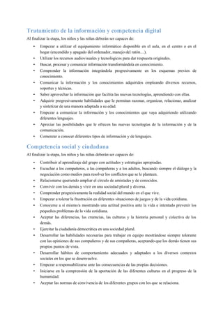 Tratamiento de la información y competencia digital
Al finalizar la etapa, los niños y las niñas deberán ser capaces de:
• Empezar a utilizar el equipamiento informático disponible en el aula, en el centro o en el
hogar (encendido y apagado del ordenador, manejo del ratón…).
• Utilizar los recursos audiovisuales y tecnológicos para dar respuesta originales.
• Buscar, procesar y comunicar información transformándola en conocimiento.
• Comprender la información integrándola progresivamente en los esquemas previos de
conocimiento.
• Comunicar la información y los conocimientos adquiridos empleando diversos recursos,
soportes y técnicas.
• Saber aprovechar la información que facilita las nuevas tecnologías, aprendiendo con ellas.
• Adquirir progresivamente habilidades que le permitan razonar, organizar, relacionar, analizar
y sintetizar de una manera adaptada a su edad.
• Empezar a comunicar la información y los conocimientos que vaya adquiriendo utilizando
diferentes lenguajes.
• Apreciar las posibilidades que le ofrecen las nuevas tecnologías de la información y de la
comunicación.
• Comenzar a conocer diferentes tipos de información y de lenguajes.
Competencia social y ciudadana
Al finalizar la etapa, los niños y las niñas deberán ser capaces de:
• Contribuir al aprendizaje del grupo con actitudes y estrategias apropiadas.
• Escuchar a los compañeros, a las compañeras y a los adultos, buscando siempre el diálogo y la
negociación como medios para resolver los conflictos que se le planteen.
• Relacionarse queriendo ampliar el círculo de amistades y de conocidos.
• Convivir con los demás y vivir en una sociedad plural y diversa.
• Comprender progresivamente la realidad social del mundo en el que vive.
• Empezar a tolerar la frustración en diferentes situaciones de juegos y de la vida cotidiana.
• Conocerse a sí mismo/a mostrando una actitud positiva ante la vida e intentado prevenir los
pequeños problemas de la vida cotidiana.
• Aceptar las diferencias, las creencias, las culturas y la historia personal y colectiva de los
demás.
• Ejercitar la ciudadanía democrática en una sociedad plural.
• Desarrollar las habilidades necesarias para trabajar en equipo mostrándose siempre tolerante
con las opiniones de sus compañeros y de sus compañeras, aceptando que los demás tienen sus
propios puntos de vista.
• Desarrollar hábitos de comportamiento adecuados y adaptados a los diversos contextos
sociales en los que se desenvuelve.
• Empezar a responsabilizarse ante las consecuencias de las propias decisiones.
• Iniciarse en la comprensión de la aportación de las diferentes culturas en el progreso de la
humanidad.
• Aceptar las normas de convivencia de los diferentes grupos con los que se relaciona.
 