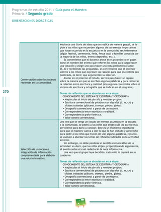 270
Programas de estudio 2011 / Guía para el Maestro
Primaria / Segundo grado
Conversación sobre los sucesos
recientes en la comunidad.
Mediante una lluvia de ideas que se realice de manera grupal, se le
pide a los niños que recuerden algunos de los eventos importantes
que hayan ocurrido en la escuela o en la comunidad recientemente
(algún festival, ceremonia, feria, fiesta local o familiar conocida por
la mayoría de los niños, evento deportivo, etc.).
Es conveniente que el docente anote en el pizarrón (o en papel
bond) el nombre del evento que refieren los niños para luego hacer
una votación y elegir uno para hacer una nota periodística sobre
él. Al ir recibiendo las propuestas, es conveniente que el profesor
solicite a los niños que expresen las razones para que esa noticia sea
publicada, es decir, que argumenten su elección.
Anotar en el pizarrón el listado, servirá para hacer un repaso
sobre la manera en que se escriben algunas palabras y para remarcar
la relación entre escritura y oralidad (son algunos contenidos sobre el
sistema de escritura y ortografía que se indican en el programa).
Temas de reflexión que se abordan en esta etapa:
CONOCIMIENTO DEL SISTEMA DE ESCRITURA Y ORTOGRAFÍA
• Mayúsculas al inicio de párrafo y nombres propios.
• Escritura convencional de palabras con dígrafos (ll, rr, ch) y
sílabas trabadas (plátano, trompo, piedra, globo).
• Ortografía convencional a partir de un modelo.
• Correspondencia entre escritura y oralidad.
• Correspondencia grafo-fonética.
• Valor sonoro convencional.
Selección de un suceso e
integración de información
complementaria para elaborar
una nota informativa.
Una vez que se tenga un listado de eventos ocurridos en la escuela
o la comunidad, se pedirá a los niños que elijan cuál les parece más
pertinente para darlo a conocer. Este es un momento importante
para que el maestro vuelva a leer lo que le han dictado y aproveche
para pedir a los niños que traten de leer algunas palabras, con ello,
se vuelven a abordar los temas de reflexión indicados en la actividad
anterior.
Sin embargo, no debe perderse el sentido comunicativo de la
actividad: es decir, que los niños elijan, proporcionando argumentos,
el evento sobre el cual redactarán la nota informativa.
Una vez que el grupo haya decidido, cada niño lo copiará en su
cuaderno.
Temas de reflexión que se abordan en esta etapa:
CONOCIMIENTO DEL SISTEMA DE ESCRITURA Y ORTOGRAFÍA
• Mayúsculas al inicio de párrafo y nombres propios.
• Escritura convencional de palabras con dígrafos (ll, rr, ch) y
sílabas trabadas (plátano, trompo, piedra, globo).
• Ortografía convencional a partir de un modelo.
• Correspondencia entre escritura y oralidad.
• Correspondencia grafo-fonética.
• Valor sonoro convencional.
ORIENTACIONES DIDÁCTICAS
 