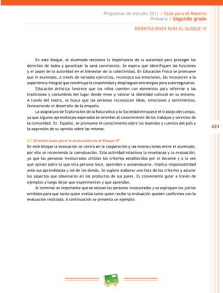 421
Programas de estudio 2011 / Guía para el Maestro
Primaria / Segundo grado
En este bloque, el alumnado reconoce la importancia de la autoridad para proteger los
derechos de todos y garantizar la sana convivencia. Se espera que identifiquen las funciones
y el papel de la autoridad en el bienestar de la colectividad. En Educación Física se promueve
que el alumnado, a través de variados ejercicios, reconozca sus emociones, las incorporen a la
experiencia integral que constituye la corporeidad y desplieguen estrategias para autorregularlas.
Educación Artística favorece que los niños cuenten con elementos para referirse a las
tradiciones y costumbres del lugar donde viven y valorar la identidad cultural en su entorno.
A través del teatro, se busca que las personas reconozcan ideas, emociones y sentimientos,
favoreciendo el desarrollo de la empatía.
La asignatura de Exploración de la Naturaleza y la Sociedad enriquece el trabajo del campo,
ya que algunos aprendizajes esperados se orientan al conocimiento de los trabajos y servicios de
la comunidad. En Español, se promueve el conocimiento sobre las leyendas y cuentos del país y
la expresión de su opinión sobre las mismas.
a) Orientaciones para la evaluación en el bloque IV
En este bloque la evaluación se centra en la cooperación y las interacciones entre el alumnado,
por ello se recomienda la coevaluación. Esta actividad relaciona la enseñanza y la evaluación,
ya que las personas involucradas utilizan los criterios establecidos por el docente y a la vez
que opinan sobre lo que otra persona hace, aprenden a autoevaluarse. Implica responsabilidad
ante sus aprendizajes y los de los demás. Se sugiere elaborar una lista de los criterios y aclarar
los aspectos que observarán en los productos de sus pares. Es conveniente guiar a través de
ejemplos y luego dejar que experimenten y que aprendan.
Al terminar es importante que se reúnan las personas involucradas y se expliquen los juicios
emitidos para que tanto quien evalúa como quien recibe la evaluación queden conformes con la
evaluación realizada. A continuación se presenta un ejemplo:
ORIENTACIONES PARA EL BLOQUE IV
 