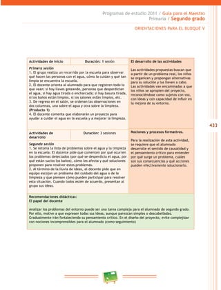 433
Programas de estudio 2011 / Guía para el Maestro
Primaria / Segundo grado
Actividades de inicio Duración: 1 sesión El desarrollo de las actividades
Las actividades propuestas buscan que
a partir de un problema real, los niños
se organicen y propongan alternativas
para su solución y las lleven a cabo.
Las actividades van encaminadas a que
los niños se apropien del proyecto,
reconociéndose como sujetos con voz,
con ideas y con capacidad de influir en
la mejora de su entorno.
Primera sesión
1. El grupo realiza un recorrido por la escuela para observar
qué hacen las personas con el agua, cómo la cuidan y qué tan
limpia se encuentra la escuela.
2. El docente orienta al alumnado para que registren todo lo
que vean: si hay llaves goteando, personas que desperdician
el agua, si hay agua tirada o encharcada; si hay basura tirada,
si los baños están limpios, si los salones están limpios, etc.
3. De regreso en el salón, se ordenan las observaciones en
dos columnas, una sobre el agua y otra sobre la limpieza.
(Producto 1)
4. El docente comenta que elaborarán un proyecto para
ayudar a cuidar el agua en la escuela y a mejorar la limpieza.
Nociones y procesos formativos.
Para la realización de esta actividad,
se requiere que el alumnado
desarrolle el sentido de causalidad y
el pensamiento crítico para entender
por qué surge un problema, cuáles
son sus consecuencias y qué acciones
pueden efectivamente solucionarlo.
Actividades de
desarrollo
Duración: 3 sesiones
Segunda sesión
1. Se retoma la lista de problemas sobre el agua y la limpieza
en la escuela. El docente pide que comenten por qué ocurren
los problemas detectados (por qué se desperdicia el agua, por
qué están sucios los baños), cómo les afecta y qué soluciones
proponen para resolver estos problemas.
2. Al término de la lluvia de ideas, el docente pide que en
equipo escojan un problema del cuidado del agua o de la
limpieza y que piensen cómo pueden participar para resolver
esta situación. Cuando todos estén de acuerdo, presentan al
grupo sus ideas.
Recomendaciones didácticas:
El papel del docente
Analizar los problemas del entorno puede ser una tarea compleja para el alumnado de segundo grado.
Por ello, motive a que expresen todas sus ideas, aunque parezcan simples o descabelladas.
Gradualmente irán fortaleciendo su pensamiento crítico. En el diseño del proyecto, evite complejizar
con nociones incomprensibles para el alumnado (como seguimiento)
ORIENTACIONES PARA EL BLOQUE V
 