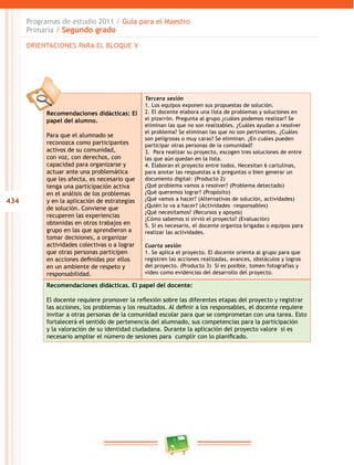 434
Programas de estudio 2011 / Guía para el Maestro
Primaria / Segundo grado
Recomendaciones didácticas: El
papel del alumno.
Para que el alumnado se
reconozca como participantes
activos de su comunidad,
con voz, con derechos, con
capacidad para organizarse y
actuar ante una problemática
que les afecta, es necesario que
tenga una participación activa
en el análisis de los problemas
y en la aplicación de estrategias
de solución. Conviene que
recuperen las experiencias
obtenidas en otros trabajos en
grupo en las que aprendieron a
tomar decisiones, a organizar
actividades colectivas o a lograr
que otras personas participen
en acciones definidas por ellos
en un ambiente de respeto y
responsabilidad.
Tercera sesión
1. Los equipos exponen sus propuestas de solución.
2. El docente elabora una lista de problemas y soluciones en
el pizarrón. Pregunta al grupo ¿cuáles podemos realizar? Se
eliminan las que no son realizables. ¿Cuáles ayudan a resolver
el problema? Se eliminan las que no son pertinentes. ¿Cuáles
son peligrosas o muy caras? Se eliminan. ¿En cuáles pueden
participar otras personas de la comunidad?
3. Para realizar su proyecto, escogen tres soluciones de entre
las que aún quedan en la lista.
4. Elaboran el proyecto entre todos. Necesitan 6 cartulinas,
para anotar las respuestas a 6 preguntas o bien generar un
documento digital: (Producto 2)
¿Qué problema vamos a resolver? (Problema detectado)
¿Qué queremos lograr? (Propósito)
¿Qué vamos a hacer? (Alternativas de solución, actividades)
¿Quién lo va a hacer? (Actividades –responsables)
¿Qué necesitamos? (Recursos y apoyos)
¿Cómo sabemos si sirvió el proyecto? (Evaluación)
5. Si es necesario, el docente organiza brigadas o equipos para
realizar las actividades.
Cuarta sesión
1. Se aplica el proyecto. El docente orienta al grupo para que
registren las acciones realizadas, avances, obstáculos y logros
del proyecto. (Producto 3) Si es posible, tomen fotografías y
video como evidencias del desarrollo del proyecto.
Recomendaciones didácticas. El papel del docente:
El docente requiere promover la reflexión sobre las diferentes etapas del proyecto y registrar
las acciones, los problemas y los resultados. Al definir a los responsables, el docente requiere
invitar a otras personas de la comunidad escolar para que se comprometan con una tarea. Esto
fortalecerá el sentido de pertenencia del alumnado, sus competencias para la participación
y la valoración de su identidad ciudadana. Durante la aplicación del proyecto valore si es
necesario ampliar el número de sesiones para cumplir con lo planificado.
ORIENTACIONES PARA EL BLOQUE V
 