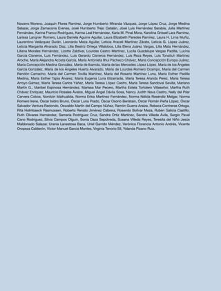 Navarro Moreno, Joaquín Flores Ramírez, Jorge Humberto Miranda Vázquez, Jorge López Cruz, Jorge Medina
Salazar, Jorge Zamacona Evenes, José Humberto Trejo Catalán, José Luis Hernández Sarabia, Julia Martínez
Fernández, Karina Franco Rodríguez, Karina Leal Hernández, Karla M. Pinal Mora, Karolina Grissel Lara Ramírez,
Larissa Langner Romero, Laura Daniela Aguirre Aguilar, Laura Elizabeth Paredes Ramírez, Laura H. Lima Muñiz,
Laurentino Velázquez Durán, Leonardo Meza Aguilar, Leticia Araceli Martínez Zárate, Leticia G. López Juárez,
Leticia Margarita Alvarado Díaz, Lilia Beatriz Ortega Villalobos, Lilia Elena Juárez Vargas, Lilia Mata Hernández,
Liliana Morales Hernández, Lizette Zaldívar, Lourdes Castro Martínez, Lucila Guadalupe Vargas Padilla, Lucina
García Cisneros, Luis Fernández, Luis Gerardo Cisneros Hernández, Luis Reza Reyes, Luis Tonatiuh Martínez
Aroche, María Alejandra Acosta García, María Antonieta Ilhui Pacheco Chávez, María Concepción Europa Juárez,
María Concepción Medina González, María de Ibarrola, María de las Mercedes López López, María de los Ángeles
García González, María de los Ángeles Huerta Alvarado, María de Lourdes Romero Ocampo, María del Carmen
Rendón Camacho, María del Carmen Tovilla Martínez, María del Rosario Martínez Luna, María Esther Padilla
Medina, María Esther Tapia Álvarez, María Eugenia Luna Elizarrarás, María Teresa Aranda Pérez, María Teresa
Arroyo Gámez, María Teresa Carlos Yáñez, María Teresa López Castro, María Teresa Sandoval Sevilla, Mariano
Martín G., Maribel Espinosa Hernández, Marissa Mar Pecero, Martha Estela Tortolero Villaseñor, Martha Ruth
Chávez Enríquez, Mauricio Rosales Ávalos, Miguel Ángel Dávila Sosa, Nancy Judith Nava Castro, Nelly del Pilar
Cervera Cobos, Nonitzin Maihualida, Norma Erika Martínez Fernández, Norma Nélida Reséndiz Melgar, Norma
Romero Irene, Óscar Isidro Bruno, Óscar Luna Prado, Óscar Osorio Beristain, Óscar Román Peña López, Óscar
Salvador Ventura Redondo, Oswaldo Martín del Campo Núñez, Ramón Guerra Araiza, Rebeca Contreras Ortega,
Rita Holmbaeck Rasmussen, Roberto Renato Jiménez Cabrera, Rosendo Bolívar Meza, Rubén Galicia Castillo,
Ruth Olivares Hernández, Samaria Rodríguez Cruz, Sandra Ortiz Martínez, Sandra Villeda Ávila, Sergio Pavel
Cano Rodríguez, Silvia Campos Olguín, Sonia Daza Sepúlveda, Susana Villeda Reyes, Teresita del Niño Jesús
Maldonado Salazar, Urania Lanestosa Baca, Uriel Garrido Méndez, Verónica Florencia Antonio Andrés, Vicente
Oropeza Calderón, Víctor Manuel García Montes, Virginia Tenorio Sil, Yolanda Pizano Ruiz.
 
