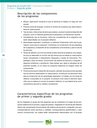 50
Programas de estudio 2011 / Guía para el Maestro
Primaria / Segundo grado
Descripción de los componentes
de los programas
•	 Bloque: organización temporal en que se distribuye el trabajo a lo largo del ciclo
escolar.
•	 Práctica social del lenguaje: contiene el nombre de la práctica que debe desarro­
llarse en cada proyecto.
•	 Tipo de texto: indica el tipo de texto para analizar o producir durante el desarrollo del
proyecto, como un referente general para la planeación y la intervención docente.
•	 Competencias que se favorecen: indica las competencias de la asignatura que
serán desarrolladas con el proyecto didáctico.
•	 Aprendizajes esperados: constituyen un referente fundamental, tanto para la pla­
neación como para la evaluación. Contribuyen al cumplimiento de los propósitos
de la asignatura, al desarrollo de las competencias comunicativas y para la vida de
los alumnos.
•	 Temas de reflexión: con el fin de orientar la labor docente se destacan cinco aspec­
tos que se desarrollan en función del tipo textual que se trabaja en cada práctica
social: Comprensión e interpretación, Búsqueda y manejo de información, Pro­
piedades y tipos de textos, Conocimiento del sistema de escritura y ortografía, y
Aspectos sintácticos y semánticos. Cabe señalar que, dada la naturaleza de las
prácticas sociales, no en todos los proyectos didácticos se integran todos los
componentes.
•	 Producciones para el desarrollo del proyecto: plantean las producciones parciales
que los alumnos desarrollarán en cada proyecto. Constituyen los elementos clave
para la consecución de los aprendizajes esperados y el trabajo con los temas de
reflexión involucrados en el proyecto. El producto final indica el elemento espe­
cífico que se elabora al concluir el proyecto didáctico, el cual deberá tener como
característica esencial su utilidad y socialización.
Características específicas de los programas
de primer y segundo grados
Se ha integrado un grupo de tres aspectos que se mantienen a lo largo de los pro­
yectos didácticos en primero y segundo grados, integrados en los temas de reflexión
dentro del componente Conocimiento del sistema de escritura y ortografía, que son:
correspondencia entre escritura y oralidad, correspondencia grafofonética y valor
sonoro convencional, los cuales están directamente relacionados con el proceso
 