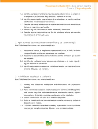 95
Programas de estudio 2011 / Guía para el Maestro
Primaria / Segundo grado
1.5.	 Identifica cambios en fenómenos naturales como estados físicos en función de
la temperatura; sucesión del día y la noche, y las fases de la Luna.
1.6.	 Identifica las principales características de la naturaleza y su transformación al
satisfacer las necesidades del ser humano.
1.7.	 Describe efectos de la interacción de objetos relacionados con la aplicación de
fuerzas, el magnetismo y el sonido.
1.8.	 Identifica algunas características de los materiales y las mezclas.
1.9.	 Describe algunas características del Sol, las estrellas y la Luna, así como los
movimientos de la Tierra y la Luna.
2. Aplicaciones del conocimiento científico y de la tecnología
Los Estándares Curriculares para esta categoría son:
2.1.	 Relaciona las fuerzas, el magnetismo, la electricidad, la luz, el calor y el sonido
con su aplicación en diversos aparatos de uso cotidiano.
2.2.	 Relaciona las características de los materiales con las formas en que pueden
ser utilizados.
2.3.	 Identifica las implicaciones de las acciones cotidianas en el medio natural y
algunas medidas de prevención.
2.4.	 Identifica algunas acciones para el cuidado de la salud con base en el cono­
cimiento del cuerpo y la nutrición.
3. Habilidades asociadas a la ciencia
Los Estándares Curriculares para esta categoría son:
3.1.	 Planea y lleva a cabo una investigación en el medio local, con un propósito
definido.
3.2.	 Aplica habilidades necesarias para la investigación científica: identifica proble­
mas, plantea preguntas, realiza experimentos, recaba datos, realiza y registra
observaciones de campo, resuelve preguntas y comunica resultados.
3.3.	 Elabora conclusiones con base en la evidencia disponible.
3.4.	 Aplica el conocimiento de los materiales para diseñar, construir y evaluar un
dispositivo o un modelo.
3.5.	 Comunica los resultados de observaciones y experimentos utilizando diversos
recursos; por ejemplo: esquemas, dibujos y otras formas simbólicas.
 