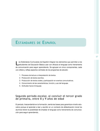 17
Estándares de Español
Los Estándares Curriculares de Español integran los elementos que permiten a los
estudiantes de Educación Básica usar con eficacia el lenguaje como herramienta
de comunicación para seguir aprendiendo. Se agrupan en cinco componentes, cada
uno refiere y refleja aspectos centrales de los programas de estudio:
1.	 Procesos de lectura e interpretación de textos.
2.	 Producción de textos escritos.
3.	 Producción de textos orales y participación en eventos comunicativos.
4.	 Conocimiento de las características, función y uso del lenguaje.
5.	 Actitudes hacia el lenguaje.
Segundo periodo escolar, al concluir el tercer grado
de primaria, entre 8 y 9 años de edad
El periodo, trascendental en la formación, sienta las bases para garantizar el éxito edu-
cativo porque al aprender a leer y escribir en un contexto de alfabetización inicial los
alumnos tienen la posibilidad de emplear el lenguaje como herramienta de comunica-
ción para seguir aprendiendo.
 