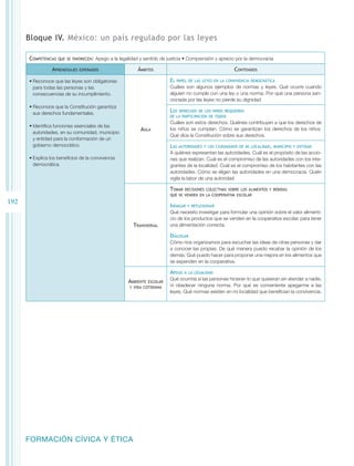 Bloque IV. México: un país regulado por las leyes

      Competencias   que se favorecen:   Apego a la legalidad y sentido de justicia • Comprensión y aprecio por la democracia

                 Aprendizajes   esperados                    Ámbitos                                         Contenidos

      •	Reconoce que las leyes son obligatorias                             El   papel de las leyes en la convivencia democrática
        para todas las personas y las                                       Cuáles son algunos ejemplos de normas y leyes. Qué ocurre cuando
        consecuencias de su incumplimiento.                                 alguien no cumple con una ley o una norma. Por qué una persona san-
                                                                            cionada por las leyes no pierde su dignidad.
      •	Reconoce que la Constitución garantiza
        sus derechos fundamentales.
                                                                            Los derechos de los niños requieren
                                                                            de la participación de todos
                                                                            Cuáles son estos derechos. Quiénes contribuyen a que los derechos de
      •	Identifica funciones esenciales de las
                                                              Aula          los niños se cumplan. Cómo se garantizan los derechos de los niños.
        autoridades, en su comunidad, municipio
                                                                            Qué dice la Constitución sobre sus derechos.
        y entidad para la conformación de un
        gobierno democrático.                                               Las   autoridades y los ciudadanos de mi localidad, municipio y entidad
                                                                            A quiénes representan las autoridades. Cuál es el propósito de las accio-
      •	Explica los beneficios de la convivencia                            nes que realizan. Cuál es el compromiso de las autoridades con los inte-
        democrática.                                                        grantes de la localidad. Cuál es el compromiso de los habitantes con las
                                                                            autoridades. Cómo se eligen las autoridades en una democracia. Quién
                                                                            vigila la labor de una autoridad.

                                                                            Tomar  decisiones colectivas sobre los alimentos y bebidas
                                                                            que se venden en la cooperativa escolar
192                                                                         Indagar   y reflexionar
                                                                            Qué necesito investigar para formular una opinión sobre el valor alimenti-
                                                                            cio de los productos que se venden en la cooperativa escolar, para tener
                                                          Transversal       una alimentación correcta.

                                                                            Dialogar
                                                                            Cómo nos organizamos para escuchar las ideas de otras personas y dar
                                                                            a conocer las propias. De qué manera puedo recabar la opinión de los
                                                                            demás. Qué puedo hacer para proponer una mejora en los alimentos que
                                                                            se expenden en la cooperativa.

                                                                            Apego   a la legalidad
                                                                            Qué ocurriría si las personas hicieran lo que quisieran sin atender a nadie,
                                                        Ambiente  escolar
                                                         y vida cotidiana   ni obedecer ninguna norma. Por qué es conveniente apegarme a las
                                                                            leyes. Qué normas existen en mi localidad que benefician la convivencia.




      FORMACIÓN CÍVICA Y ÉTICA
 