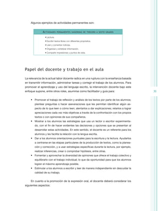 Algunos ejemplos de actividades permanentes son:


               A ctividades   permanentes sugeridas de tercero a sexto grados

                 •	Lectura.
                 •	Escribir textos libres con diferentes propósitos.
                 •	Leer y comentar noticias.
                 •	Organizar y sintetizar información.
                 •	Compartir impresiones y puntos de vista.




Papel del docente y trabajo en el aula

La relevancia de la actual labor docente radica en una ruptura con la enseñanza basada
en transmitir información, administrar tareas y corregir el trabajo de los alumnos. Para
promover el aprendizaje y uso del lenguaje escrito, la intervención docente bajo este
enfoque supone, entre otros roles, asumirse como facilitador y guía para:                      31

    •	 Promover el trabajo de reflexión y análisis de los textos por parte de los alumnos;
        plantear preguntas o hacer aseveraciones que les permitan identificar algún as-
        pecto de lo que leen o cómo leen; alentarlos a dar explicaciones; retarlos a lograr
        apreciaciones cada vez más objetivas a través de la confrontación con los propios
        textos o con opiniones de sus compañeros.
    •	 Mostrar a los alumnos las estrategias que usa un lector o escritor experimenta-
        do, con el fin de hacer evidentes las decisiones y opciones que se presentan al
        desarrollar estas actividades. En este sentido, el docente es un referente para los
        alumnos y les facilita la relación con la lengua escrita.
    •	 Dar a los alumnos orientaciones puntuales para la escritura y la lectura. Ayudarlos
        a centrarse en las etapas particulares de la producción de textos, como la planea-
        ción y corrección, y a usar estrategias específicas durante la lectura, por ejemplo,
        realizar inferencias, crear o comprobar hipótesis, entre otras.
    •	 Fomentar y aprovechar la diversidad de opiniones que ofrece el trabajo colectivo y
        equilibrarlo con el trabajo individual; lo que da oportunidad para que los alumnos
        logren el máximo aprendizaje posible.
    •	 Estimular a los alumnos a escribir y leer de manera independiente sin descuidar la
        calidad de su trabajo.


    En cuanto a la promoción de la expresión oral, el docente deberá considerar los
siguientes aspectos:
 