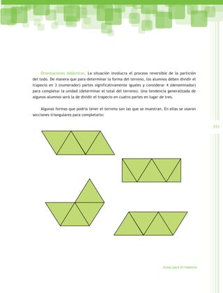 Orientaciones didácticas. La situación involucra el proceso reversible de la partición
del todo. De manera que para determinar la forma del terreno, los alumnos deben dividir el
trapecio en 3 (numerador) partes significativamente iguales y considerar 4 (denominador)
para completar la unidad (determinar el total del terreno). Una tendencia generalizada de
algunos alumnos será la de dividir el trapecio en cuatro partes en lugar de tres.


    Algunas formas que podría tener el terreno son las que se muestran. En ellas se usaron
secciones triangulares para completarlo:


                                                                                                   355




                                                                           Guías para el maestro
 