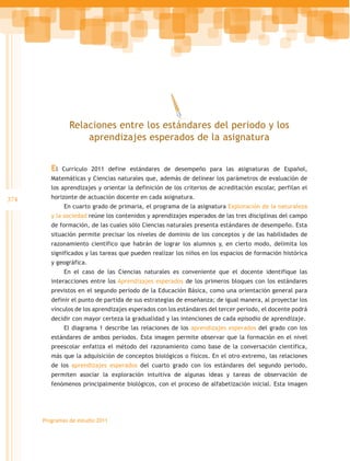 Relaciones entre los estándares del periodo y los
                    aprendizajes esperados de la asignatura


         El   Currículo 2011 define estándares de desempeño para las asignaturas de Español,
         Matemáticas y Ciencias naturales que, además de delinear los parámetros de evaluación de
         los aprendizajes y orientar la definición de los criterios de acreditación escolar, perfilan el
374      horizonte de actuación docente en cada asignatura.
              En cuarto grado de primaria, el programa de la asignatura Exploración de la naturaleza
         y la sociedad reúne los contenidos y aprendizajes esperados de las tres disciplinas del campo
         de formación, de las cuales sólo Ciencias naturales presenta estándares de desempeño. Esta
         situación permite precisar los niveles de dominio de los conceptos y de las habilidades de
         razonamiento científico que habrán de lograr los alumnos y, en cierto modo, delimita los
         significados y las tareas que pueden realizar los niños en los espacios de formación histórica
         y geográfica.
              En el caso de las Ciencias naturales es conveniente que el docente identifique las
         interacciones entre los Aprendizajes esperados de los primeros bloques con los estándares
         previstos en el segundo periodo de la Educación Básica, como una orientación general para
         definir el punto de partida de sus estrategias de enseñanza; de igual manera, al proyectar los
         vínculos de los aprendizajes esperados con los estándares del tercer periodo, el docente podrá
         decidir con mayor certeza la gradualidad y las intenciones de cada episodio de aprendizaje.
              El diagrama 1 describe las relaciones de los aprendizajes esperados del grado con los
         estándares de ambos periodos. Esta imagen permite observar que la formación en el nivel
         preescolar enfatiza el método del razonamiento como base de la conversación científica,
         más que la adquisición de conceptos biológicos o físicos. En el otro extremo, las relaciones
         de los aprendizajes esperados del cuarto grado con los estándares del segundo periodo,
         permiten asociar la exploración intuitiva de algunas ideas y tareas de observación de
         fenómenos principalmente biológicos, con el proceso de alfabetización inicial. Esta imagen




      Programas de estudio 2011
 