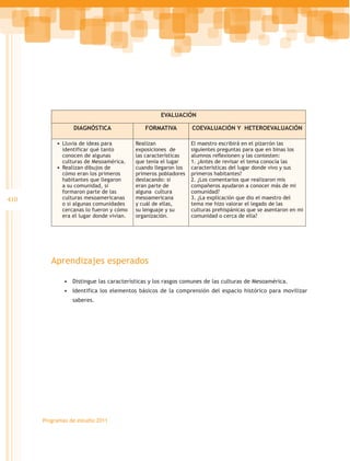 EVALUACIÓN

                  DIAGNÓSTICA                 FORMATIVA          COEVALUACIÓN Y HETEROEVALUACIÓN

           •	 Lluvia de ideas para         Realizan              El maestro escribirá en el pizarrón las
              identificar qué tanto        exposiciones de       siguientes preguntas para que en binas los
              conocen de algunas           las características   alumnos reflexionen y las contesten:
              culturas de Mesoamérica.     que tenía el lugar    1. ¿Antes de revisar el tema conocía las
           •	 Realizan dibujos de          cuando llegaron los   características del lugar donde vivo y sus
              cómo eran los primeros       primeros pobladores   primeros habitantes?
              habitantes que llegaron      destacando: si        2. ¿Los comentarios que realizaron mis
              a su comunidad, si           eran parte de         compañeros ayudaron a conocer más de mi
              formaron parte de las        alguna cultura        comunidad?
410           culturas mesoamericanas      mesoamericana         3. ¿La explicación que dio el maestro del
              o si algunas comunidades     y cuál de ellas,      tema me hizo valorar el legado de las
              cercanas lo fueron y cómo    su lenguaje y su      culturas prehispánicas que se asentaron en mi
              era el lugar donde vivían.   organización.         comunidad o cerca de ella?




         Aprendizajes esperados

              •	 Distingue las características y los rasgos comunes de las culturas de Mesoamérica.
              •	 Identifica los elementos básicos de la comprensión del espacio histórico para movilizar
                 saberes.




      Programas de estudio 2011
 