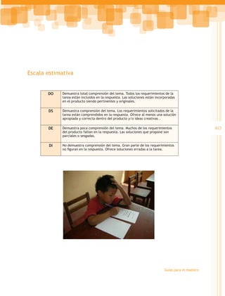 Escala estimativa


       DO   Demuestra total comprensión del tema. Todos los requerimientos de la
            tarea están incluidos en la respuesta. Las soluciones están incorporadas
            en el producto siendo pertinentes y originales.

       DS   Demuestra comprensión del tema. Los requerimientos solicitados de la
            tarea están comprendidos en la respuesta. Ofrece al menos una solución
            apropiada y correcta dentro del producto y/o ideas creativas .

       DE   Demuestra poca comprensión del tema. Muchos de los requerimientos                        413
            del producto faltan en la respuesta. Las soluciones que propone son
            parciales o sesgadas.

       DI   No demuestra comprensión del tema. Gran parte de los requerimientos
            no figuran en la respuesta. Ofrece soluciones erradas a la tarea.




                                                                             Guías para el maestro
 