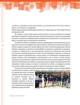y productiva, cuidando de sí mismo y de los demás, aun en situaciones de crisis como la violencia,
         guerras, incertidumbre o la desigualdad.
         Insertar imagen de alumnos de quinto grado de primaria en un juego cooperativo. Tomar imagen del banco
         de imágenes de la SEP
               Pie. Aprender a convivir implica generar procesos humanos en los que prevalezcan las relaciones
         democráticas, la aplicación de valores universales, el juicio ético y estético en relación con una motricidad
         consciente. Es la base de la solidaridad humana entendida como el reconocimiento a los derechos de los
         demás y la actuación para su reconocimiento en los derechos.
               Al sostener la no-violencia, la legalidad, los valores, la equidad de género y los derechos humanos como

450      rasgos de la convivencia, las asignaturas del campo coinciden en señalar que los procesos de formación se
         orienten a propiciar el respeto a las normas y reglas de convivencia, la práctica del juego limpio, la libertad
         individual, la autonomía y su ejercicio con responsabilidad, la cooperación, la solidaridad, el compromiso,
         el respeto y el cuidado del otro y, de manera particular, la práctica de la democracia como forma de
         vida. Fomentan la necesidad de aprender a convivir en la interculturalidad con tolerancia, a reconocer la
         pluralidad, respetar la diversidad personal y cultural, apreciar sus manifestaciones en distintos ámbitos,
         rechazar fanatismos, ideas estereotipadas y discriminatorias y, por el contrario, construir prácticas
         incluyentes y de reconocimiento y respeto ante las diferencias. Es por ello que las asignaturas del campo
         señalan la necesidad de generar ambientes de aprendizaje seguros en donde el alumnado experimente la
         comprensión, el debate razonado, la resolución no-violenta de los conflictos y la búsqueda de acuerdos
         para encontrar salidas conjuntas que propicien la mejora de la vida personal, social y ambiental.
               Favorecer que el alumnado reconozca su pertenencia a la comunidad a la nación y al mundo, posibilita
         la construcción de acuerdos a través del diálogo, respetar los derechos, apreciar el entorno, mejorar
         las relaciones para buscar el resguardo
         ciudadano, cultural, ambiental y social.
         Los   procesos      formativos   para   la
         convivencia    se    abordan     mediante
         actividades vivenciadas en las que el
         alumnado interactúa, resuelve dilemas,
         retos y desafíos de manera colaborativa,
         aplicando los valores universales.




      Programas de estudio 2011
 
